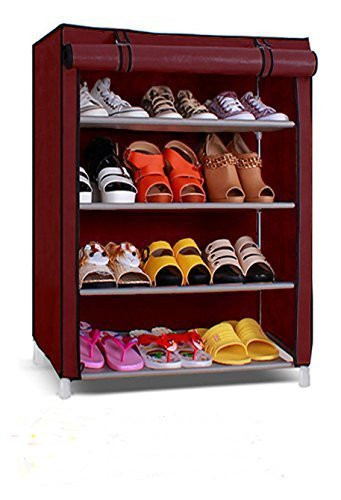 Kuber Industries Shoe Rack|Non-Woven 4 Shelves Shelf|Foldable Storage Rack Organizer for Shoe, Books (Maroon)