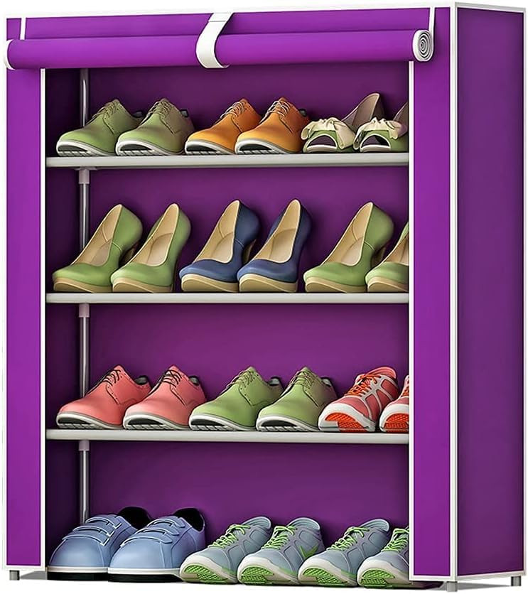 Kuber Industries Shoe Rack|Non-Woven 4 Shelves Shelf|Foldable Storage Rack Organizer for Shoe, Books (Purple)