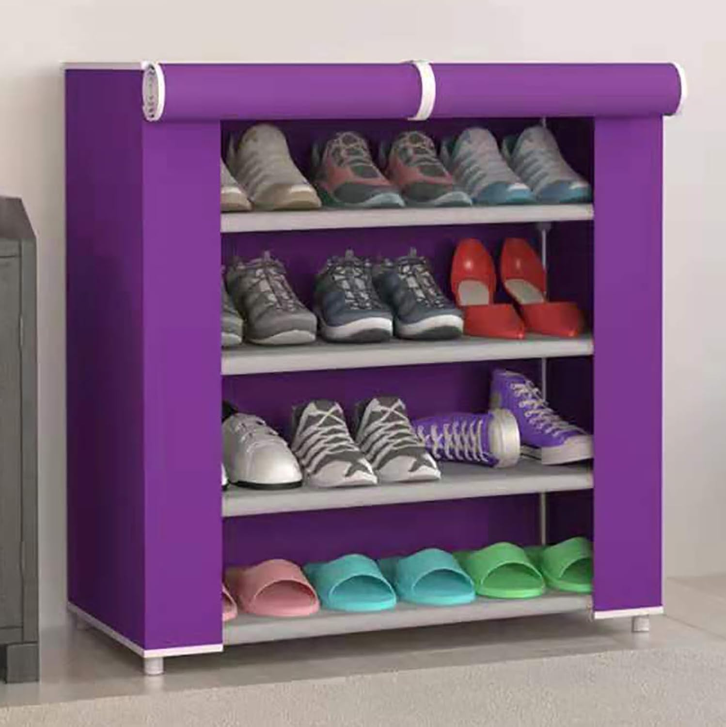 Kuber Industries Shoe Rack|Non-Woven 4 Shelves Shelf|Foldable Storage Rack Organizer for Shoe, Books (Purple)