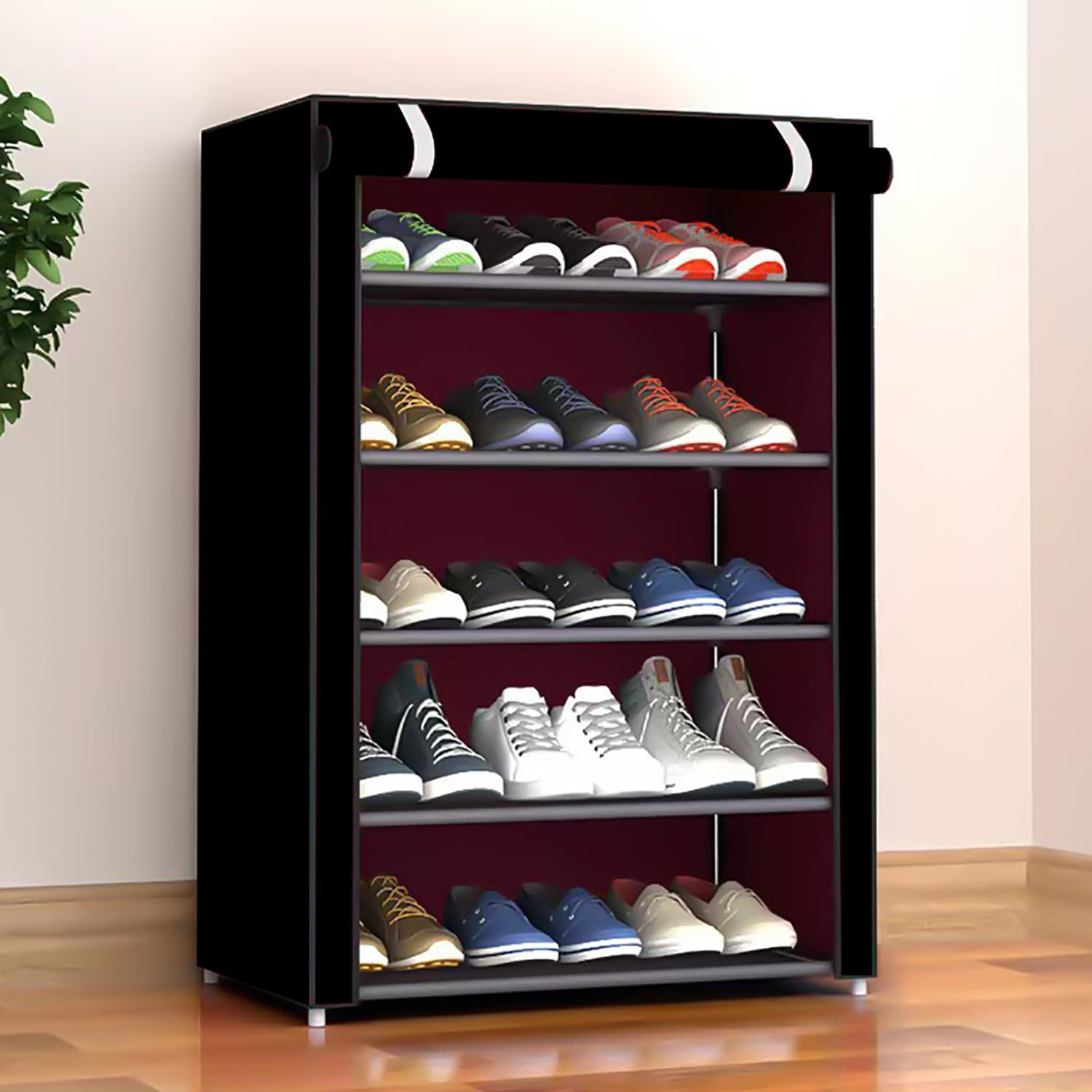 Kuber Industries Shoe Rack|Non-Woven 5 Shelves Shelf|Foldable Storage Rack Organizer for Shoe, Books (Black)