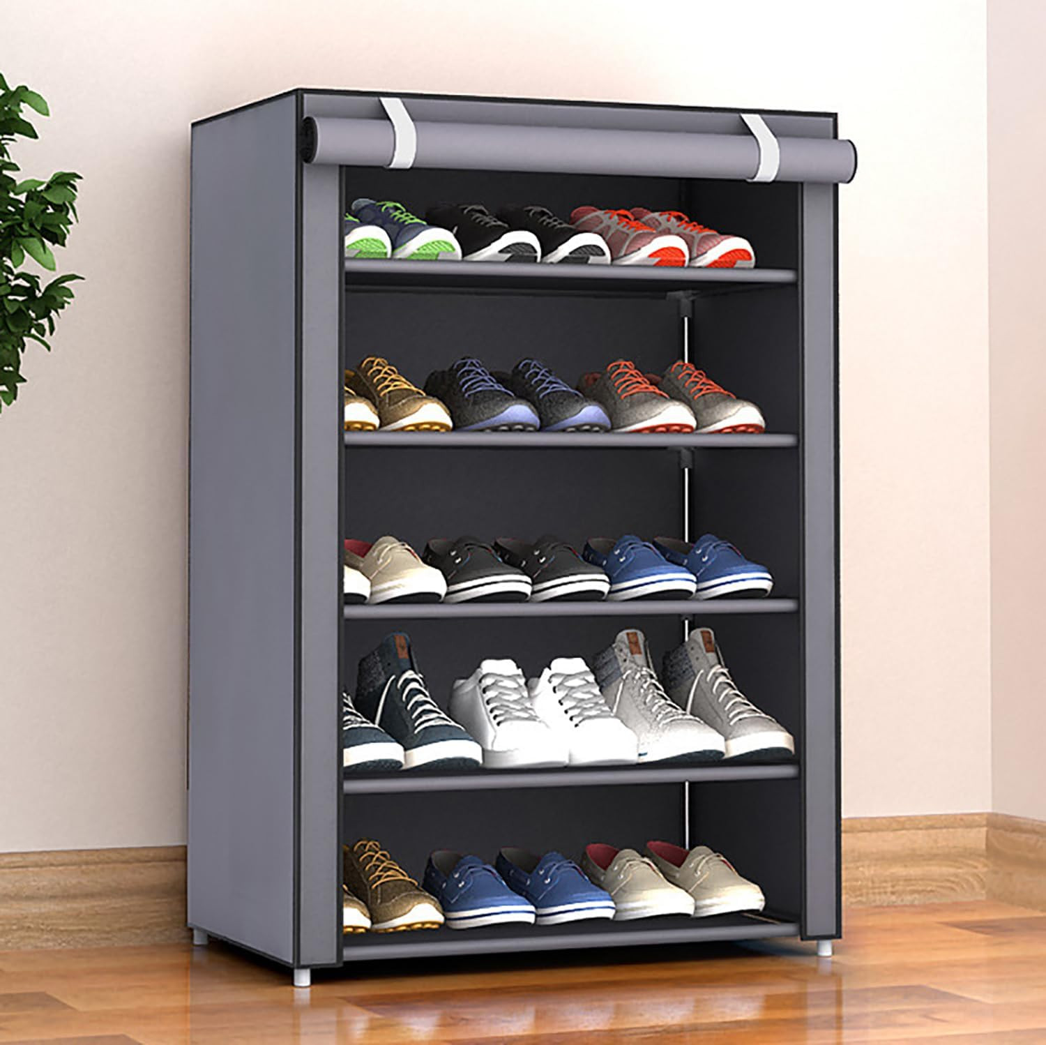 Kuber Industries Shoe Rack|Non-Woven 5 Shelves Shelf|Foldable Storage Rack Organizer for Shoe, Books (Grey)