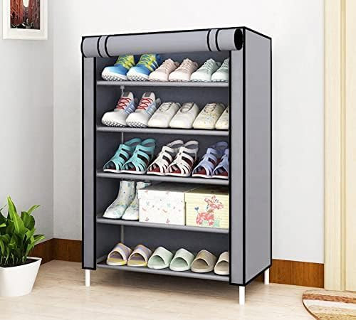 Kuber Industries Shoe Rack|Non-Woven 5 Shelves Shelf|Foldable Storage Rack Organizer for Shoe, Books (Grey)