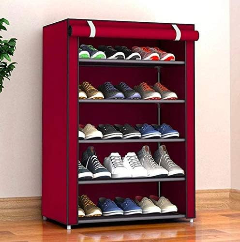 Kuber Industries Shoe Rack|Non-Woven 5 Shelves Shelf|Foldable Storage Rack Organizer for Shoe, Books (Maroon)