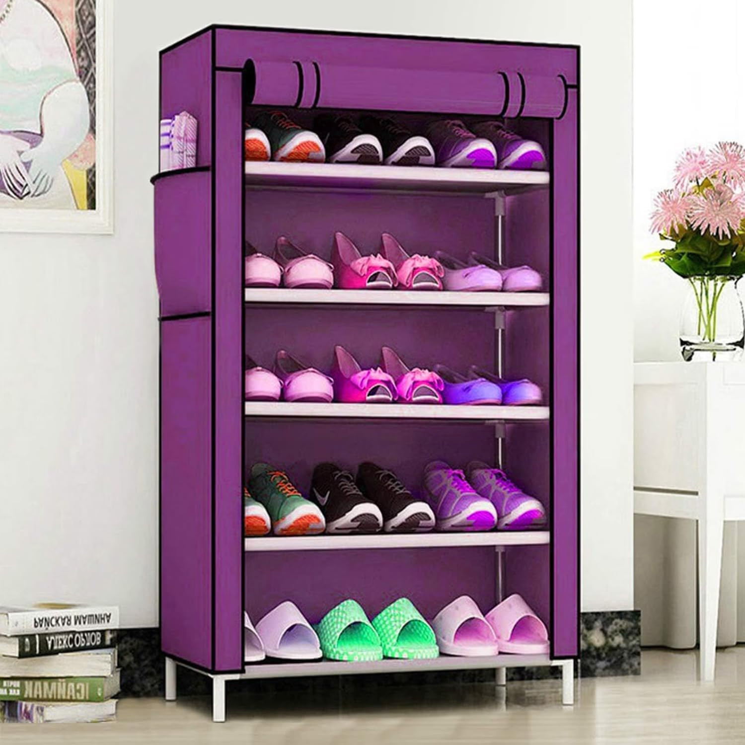 Kuber Industries Shoe Rack|Non-Woven 5 Shelves Shelf|Foldable Storage Rack Organizer for Shoe, Books (Purple)