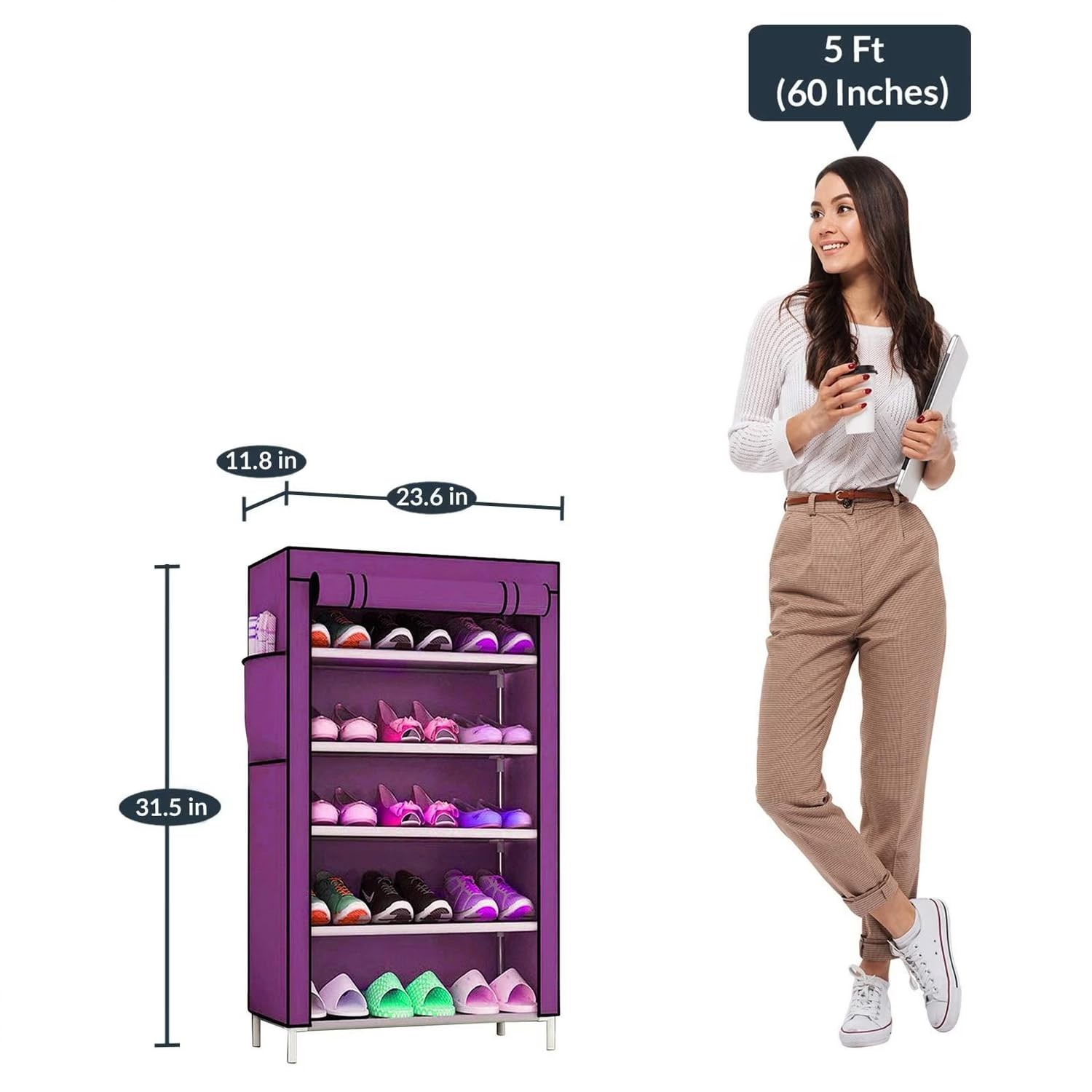 Kuber Industries Shoe Rack|Non-Woven 5 Shelves Shelf|Foldable Storage Rack Organizer for Shoe, Books (Purple)