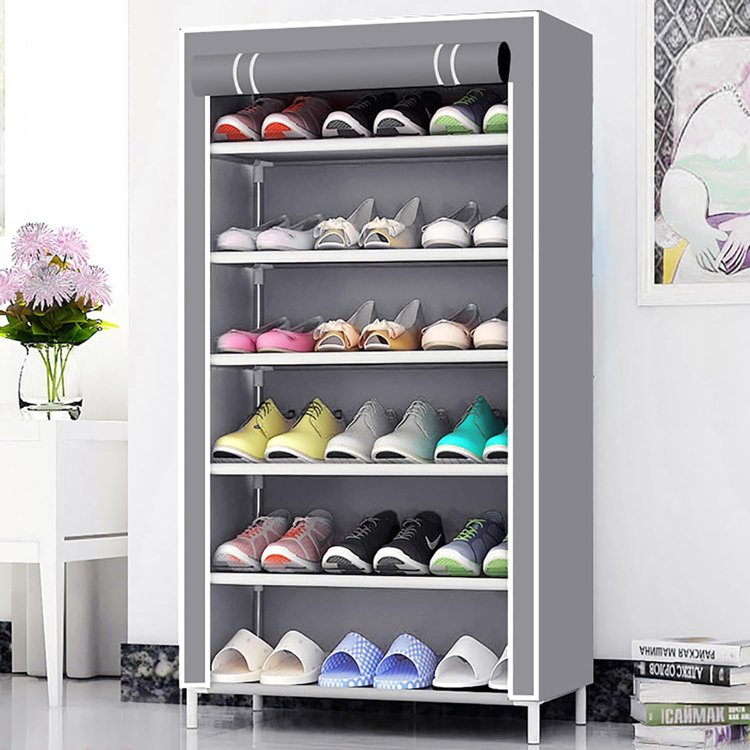 Kuber Industries Shoe Rack|Non-Woven 6 Shelves Shelf|Foldable Storage Rack Organizer for Shoe, Books (Grey)