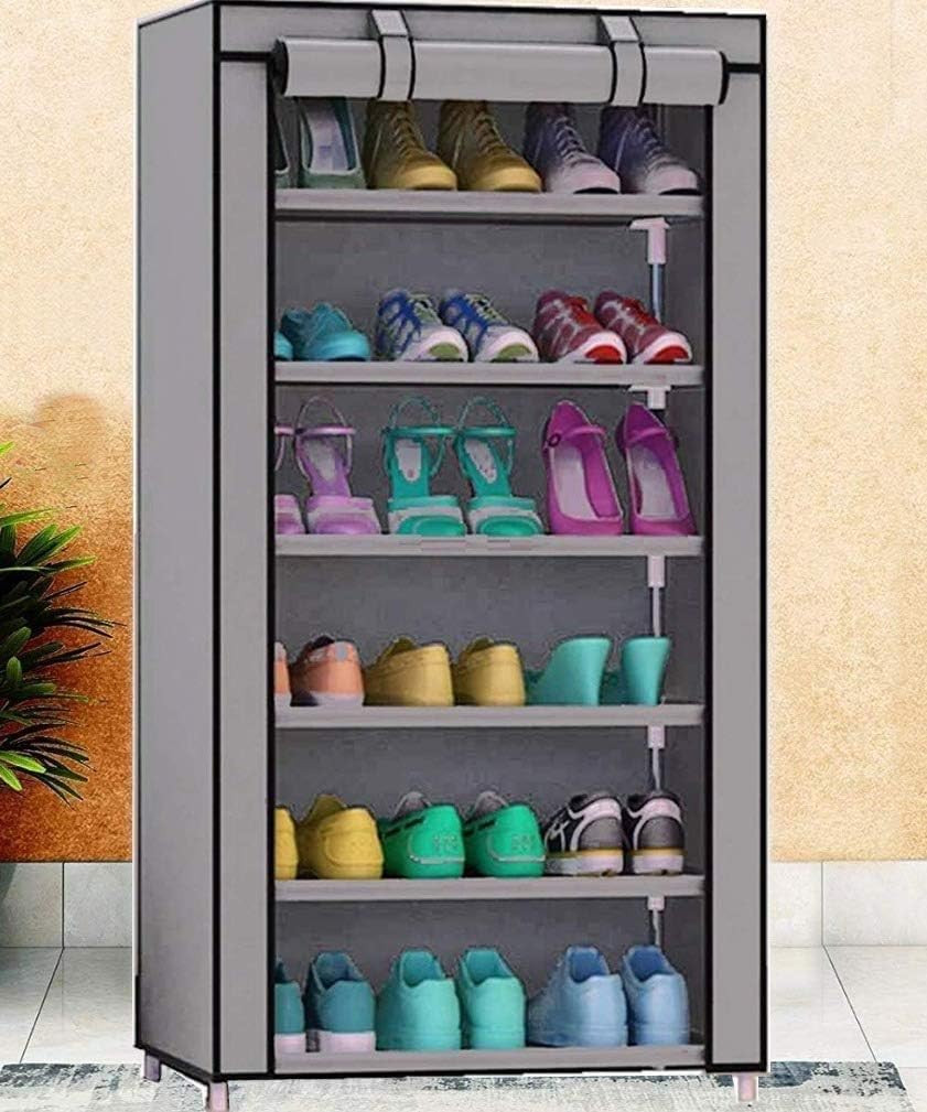Kuber Industries Shoe Rack|Non-Woven 6 Shelves Shelf|Foldable Storage Rack Organizer for Shoe, Books (Grey)