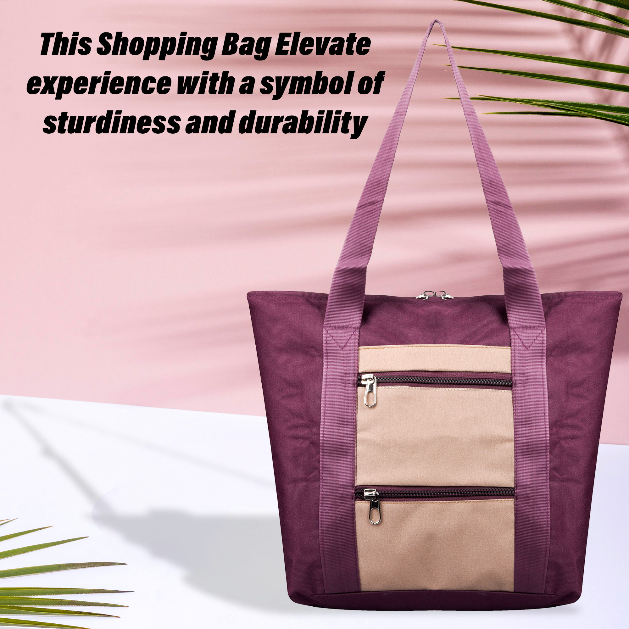 Kuber Industries Shopping Bag  Grocery Handbag  Front Zip Shopping Bag  Grocery Bag for Shopping  Vegetable Bag  Reusable Shopping Bag with Handle  Blue Zone  Brown