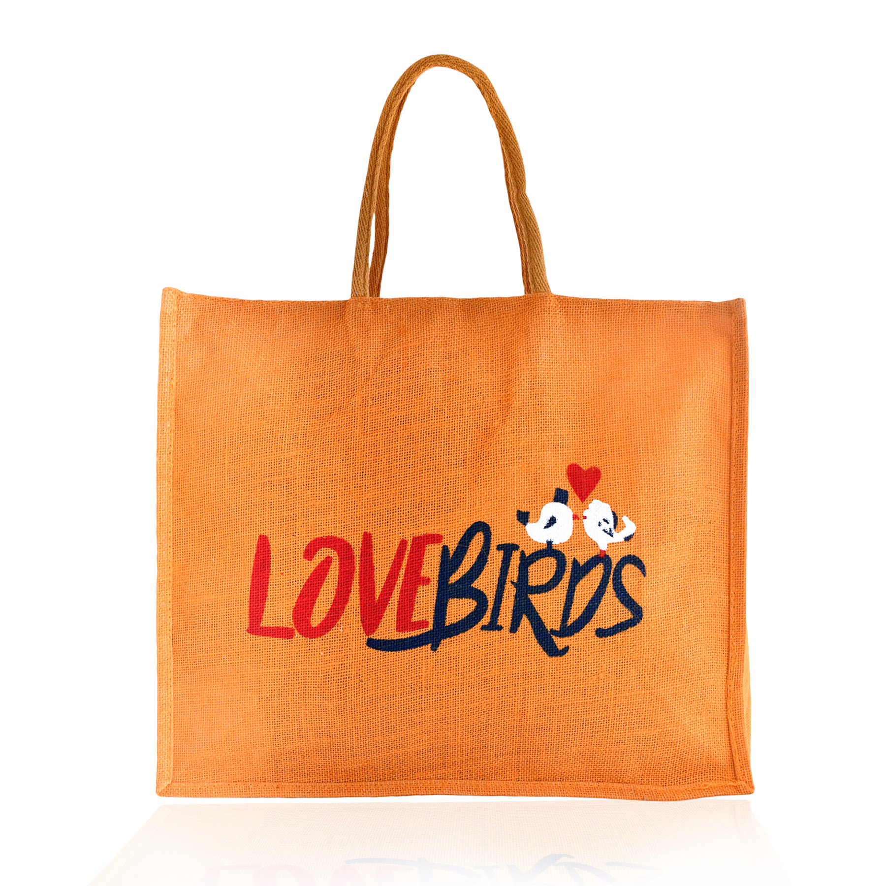 Kuber Industries Shopping Bag  Jute Carry Bag  Zipper Grocery Bag with Handle  Reusable Shopping Bag  Vegetable Storage Bag  Love Birds Grocery Bag  Large  Orange