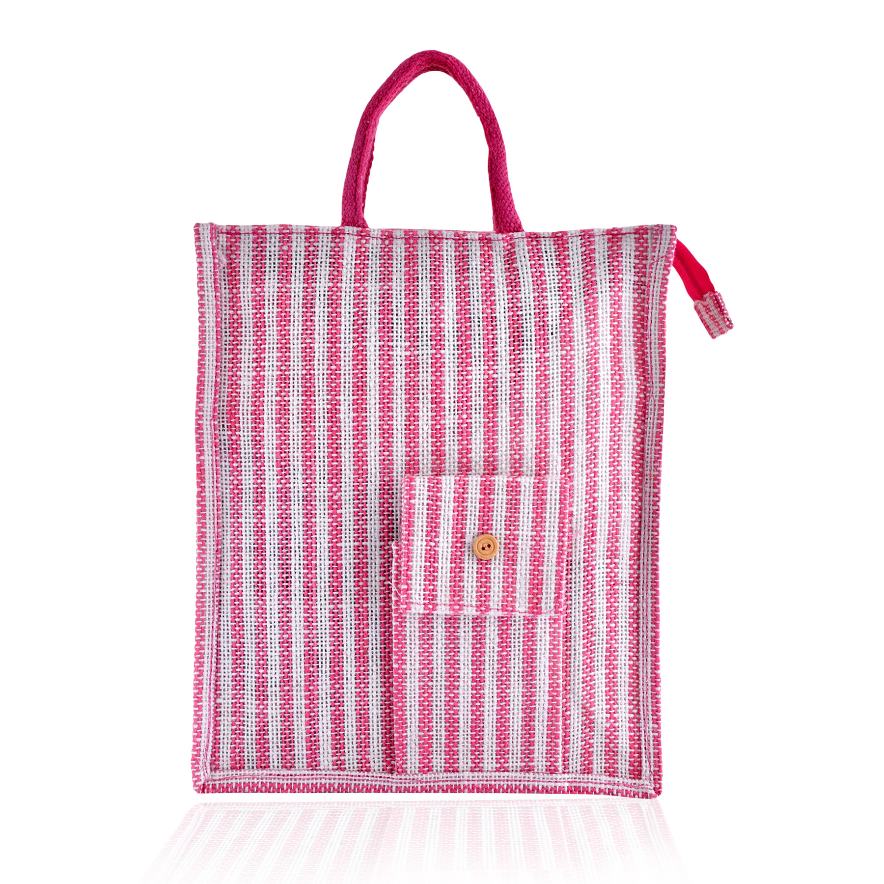 Kuber Industries Shopping Bag  Jute Carry Bag  Zipper Grocery Bag with Handle  Reusable Shopping Bag  Carrying Bag With Front Pocket  Lining-Grocery Bag  Medium  Pink
