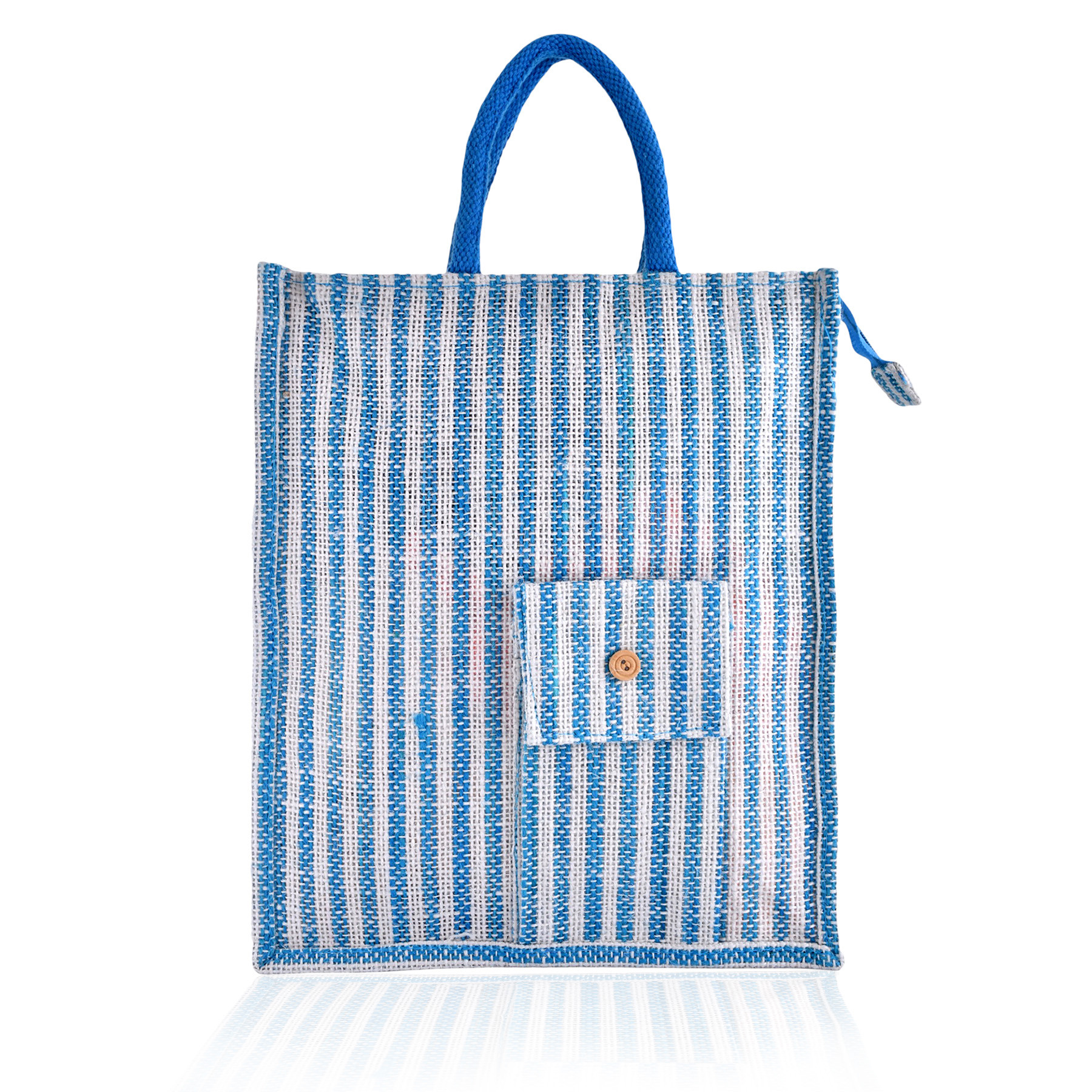 Kuber Industries Shopping Bag  Jute Carry Bag  Zipper Grocery Bag with Handle  Reusable Shopping Bag  Carrying Bag With Front Pocket  Lining-Grocery Bag  Medium  Blue