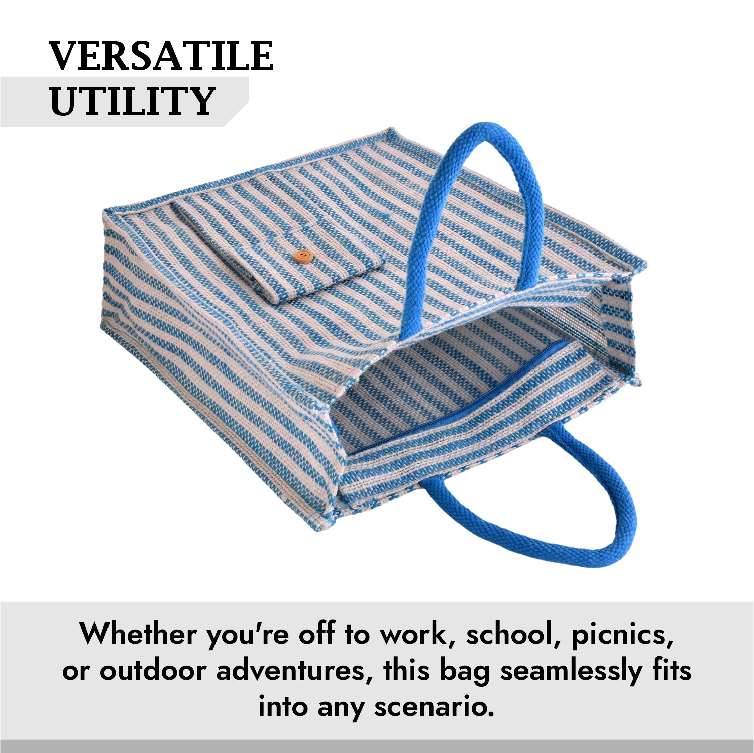 Kuber Industries Shopping Bag  Jute Carry Bag  Zipper Grocery Bag with Handle  Reusable Shopping Bag  Carrying Bag With Front Pocket  Lining-Grocery Bag  Medium  Blue
