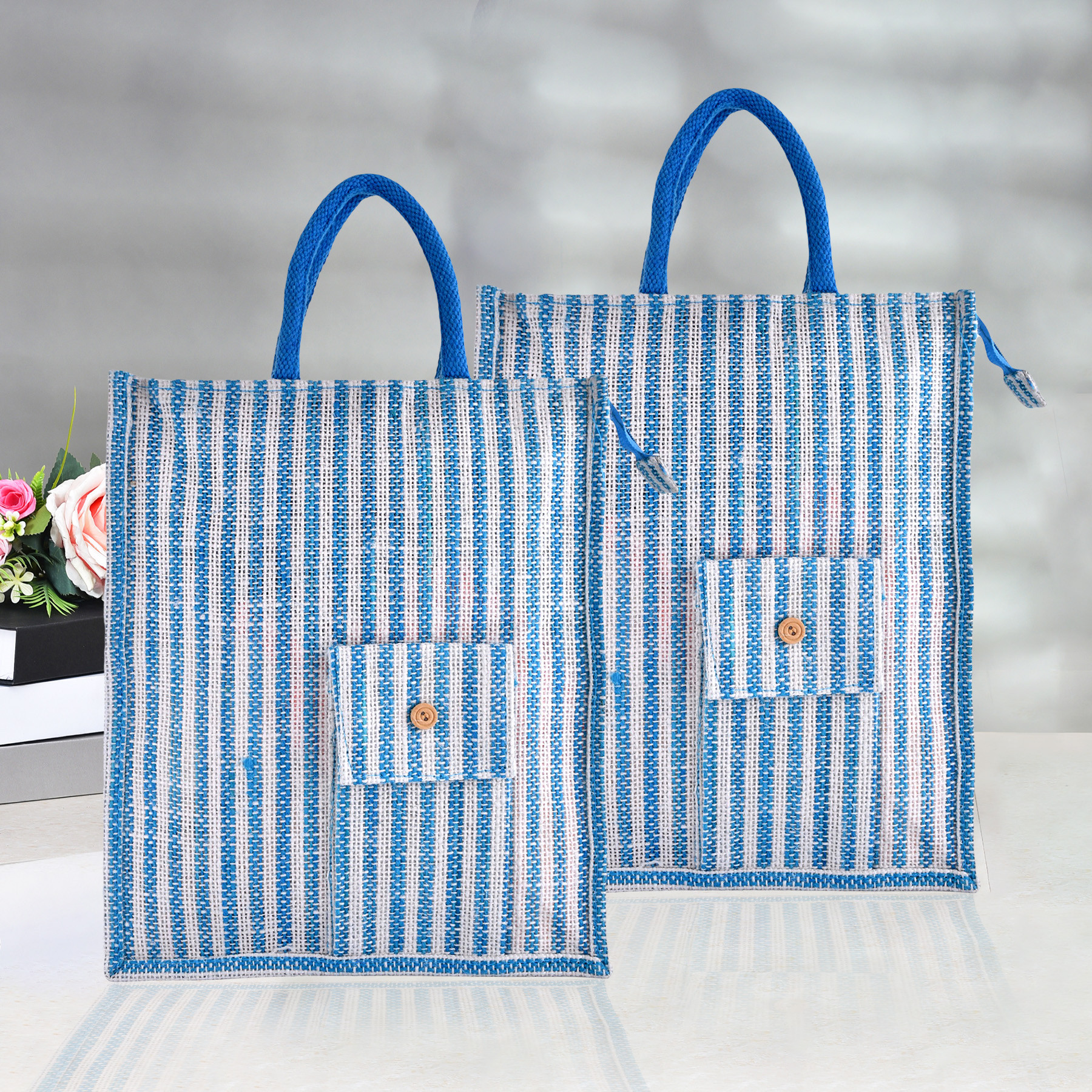 Kuber Industries Shopping Bag | Jute Carry Bag | Zipper Grocery Bag with Handle | Reusable Shopping Bag | Carrying Bag With Front Pocket | Lining-Grocery Bag | Medium | Blue