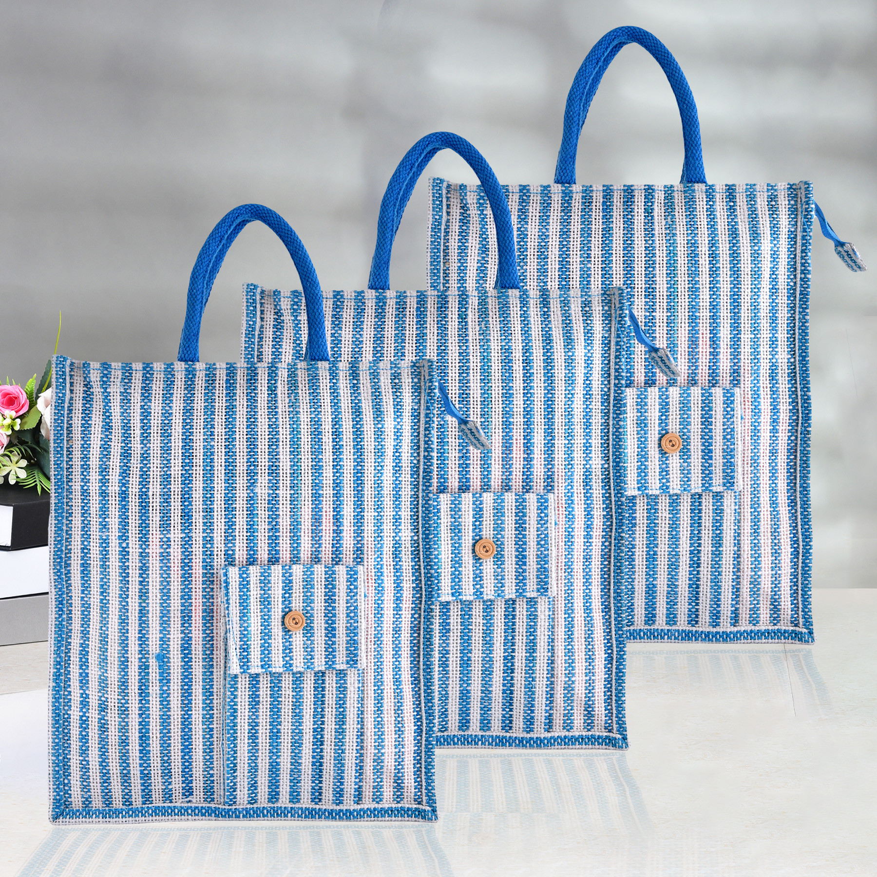 Kuber Industries Shopping Bag | Jute Carry Bag | Zipper Grocery Bag with Handle | Reusable Shopping Bag | Carrying Bag With Front Pocket | Lining-Grocery Bag | Medium | Blue