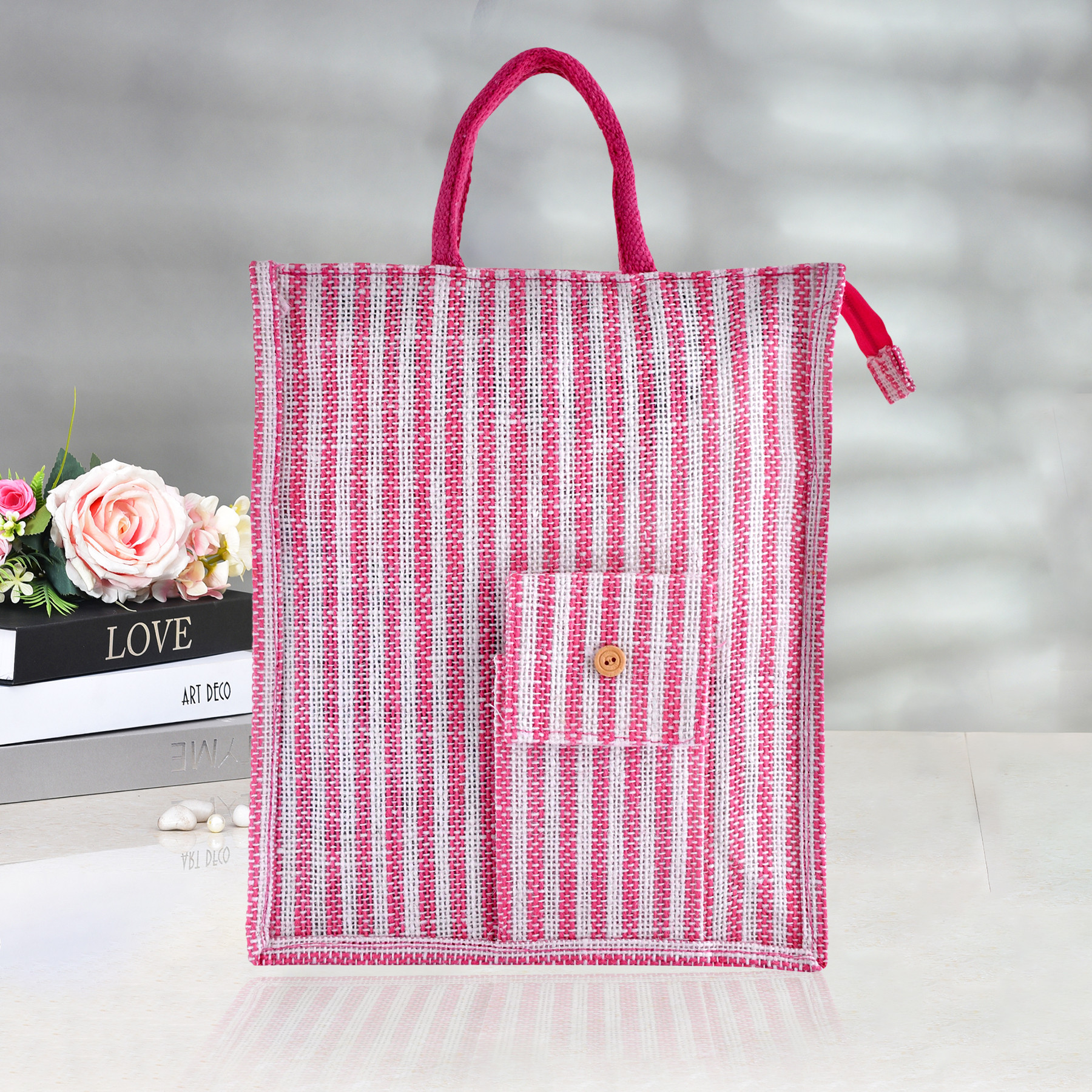 Kuber Industries Shopping Bag | Jute Carry Bag | Zipper Grocery Bag with Handle | Reusable Shopping Bag | Carrying Bag With Front Pocket | Lining-Grocery Bag | Medium | Pink