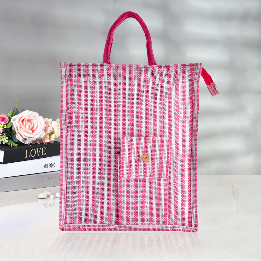 Kuber Industries Shopping Bag | Jute Carry Bag | Zipper Grocery Bag with Handle | Reusable Shopping Bag | Carrying Bag With Front Pocket | Lining-Grocery Bag | Medium | Pink
