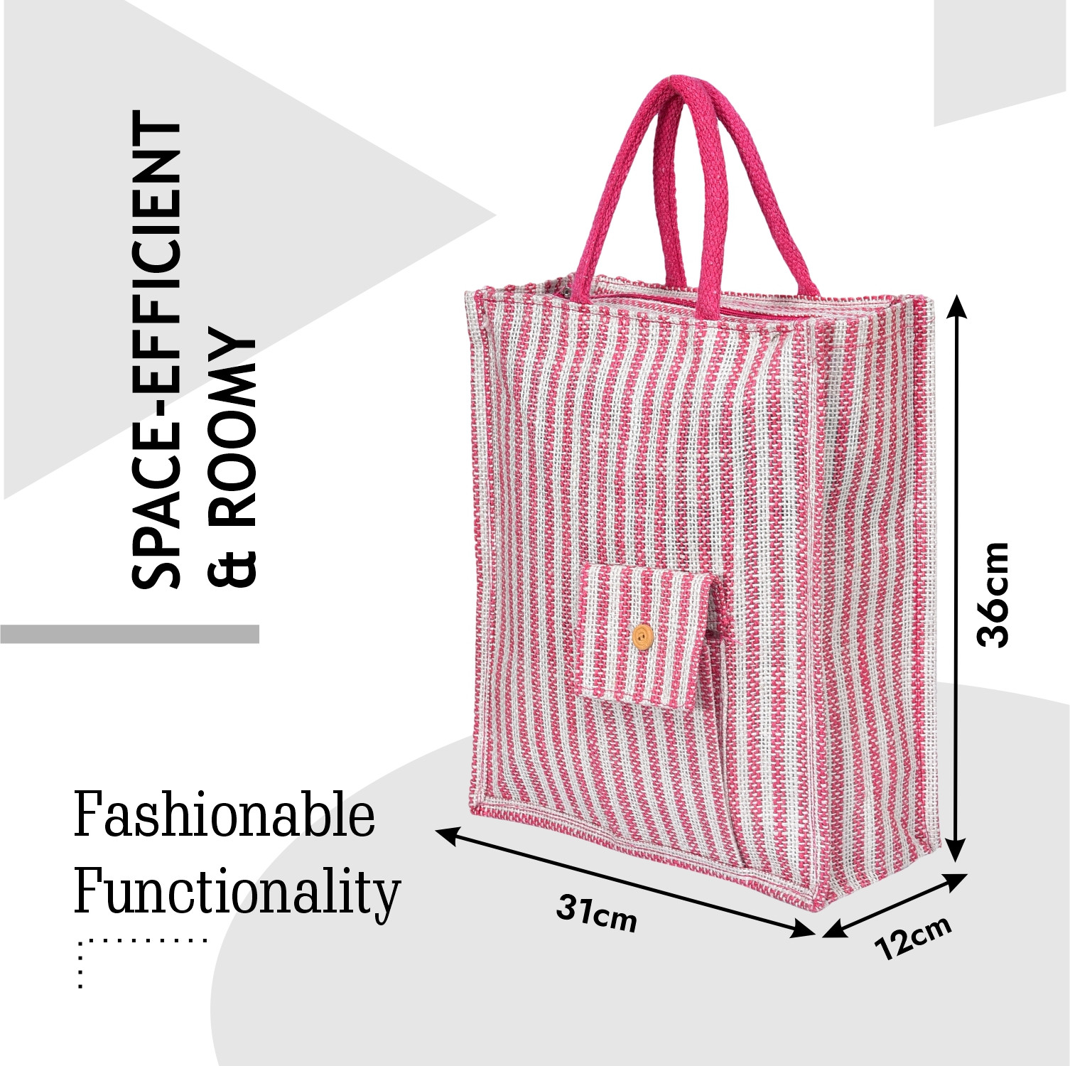 Kuber Industries Shopping Bag | Jute Carry Bag | Zipper Grocery Bag with Handle | Reusable Shopping Bag | Carrying Bag With Front Pocket | Lining-Grocery Bag | Medium | Pink