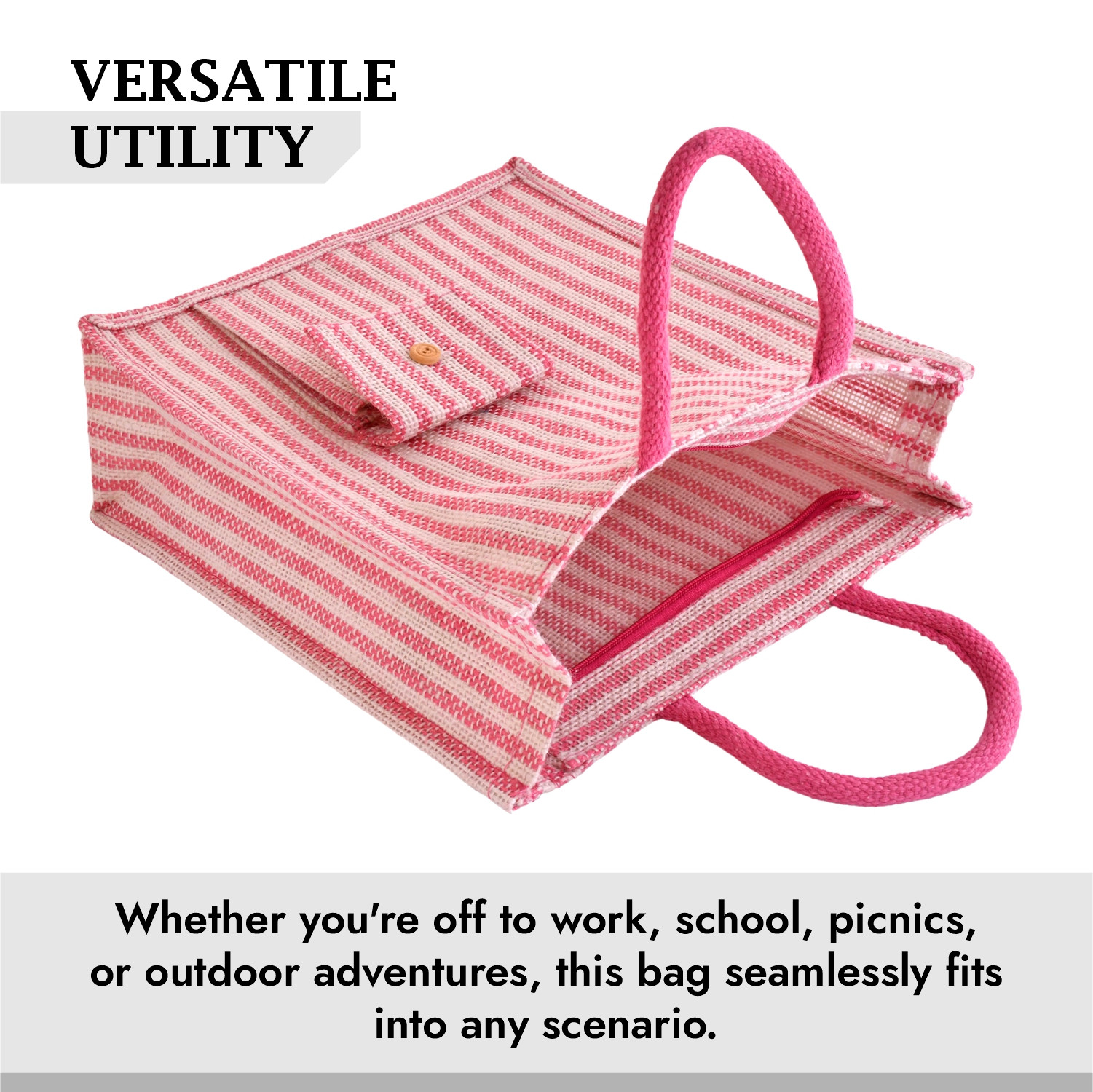 Kuber Industries Shopping Bag | Jute Carry Bag | Zipper Grocery Bag with Handle | Reusable Shopping Bag | Carrying Bag With Front Pocket | Lining-Grocery Bag | Medium | Pink