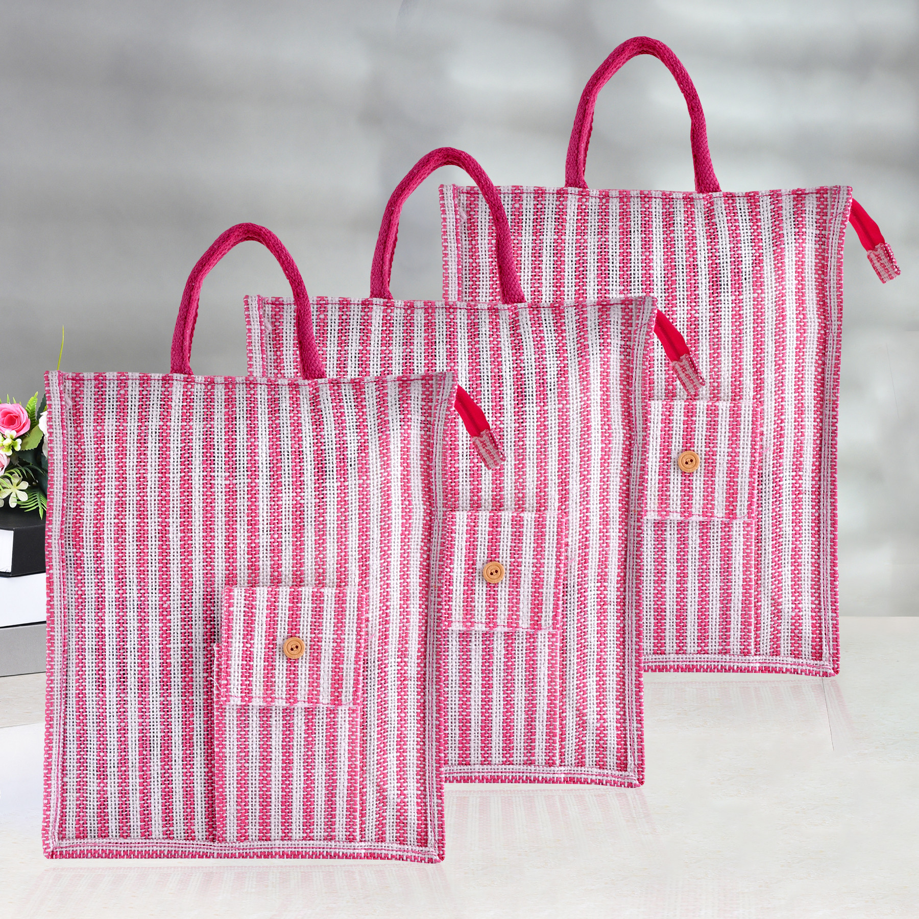Kuber Industries Shopping Bag | Jute Carry Bag | Zipper Grocery Bag with Handle | Reusable Shopping Bag | Carrying Bag With Front Pocket | Lining-Grocery Bag | Medium | Pink