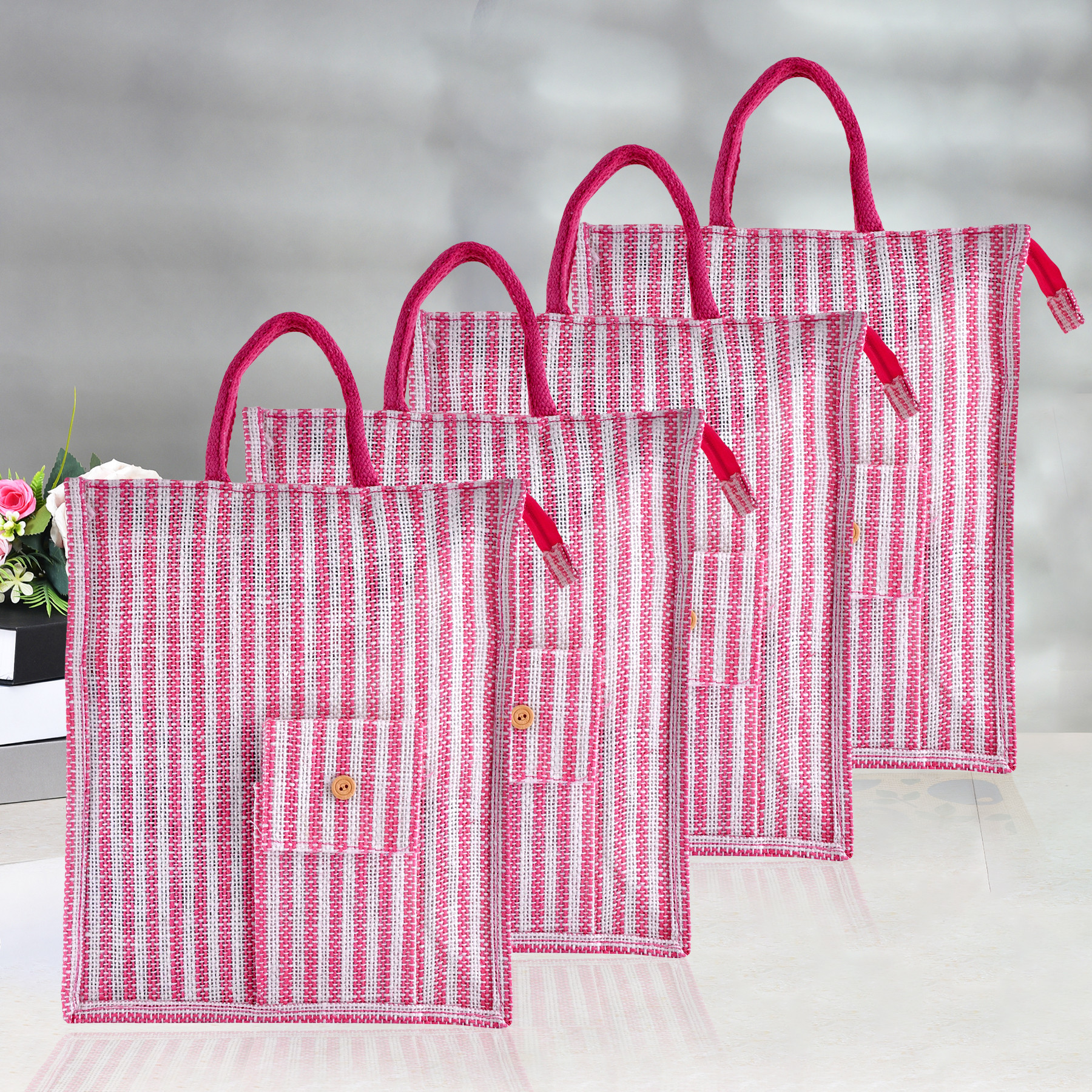 Kuber Industries Shopping Bag | Jute Carry Bag | Zipper Grocery Bag with Handle | Reusable Shopping Bag | Carrying Bag With Front Pocket | Lining-Grocery Bag | Medium | Pink