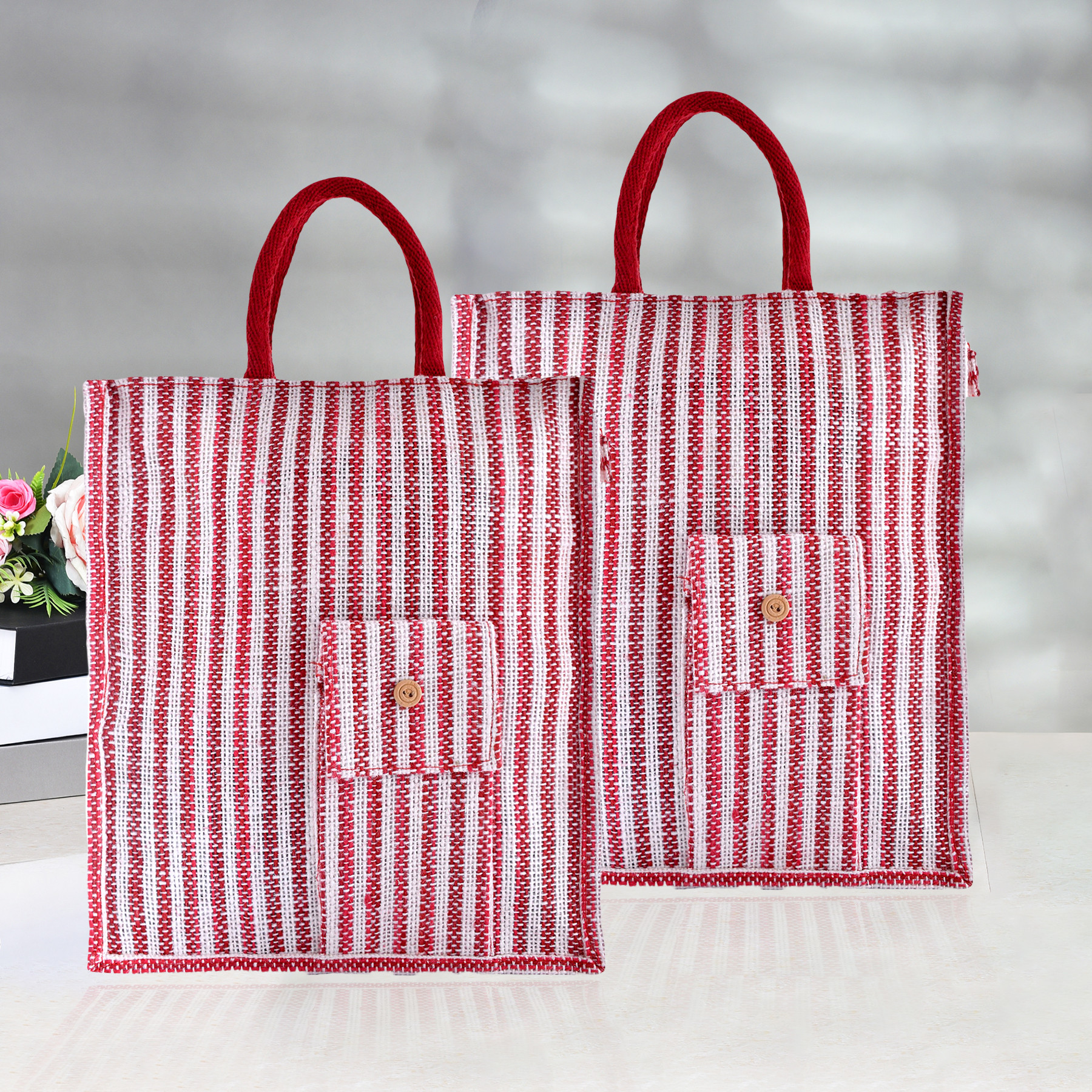 Kuber Industries Shopping Bag | Jute Carry Bag | Zipper Grocery Bag with Handle | Reusable Shopping Bag | Carrying Bag With Front Pocket | Lining-Grocery Bag | Medium | Red