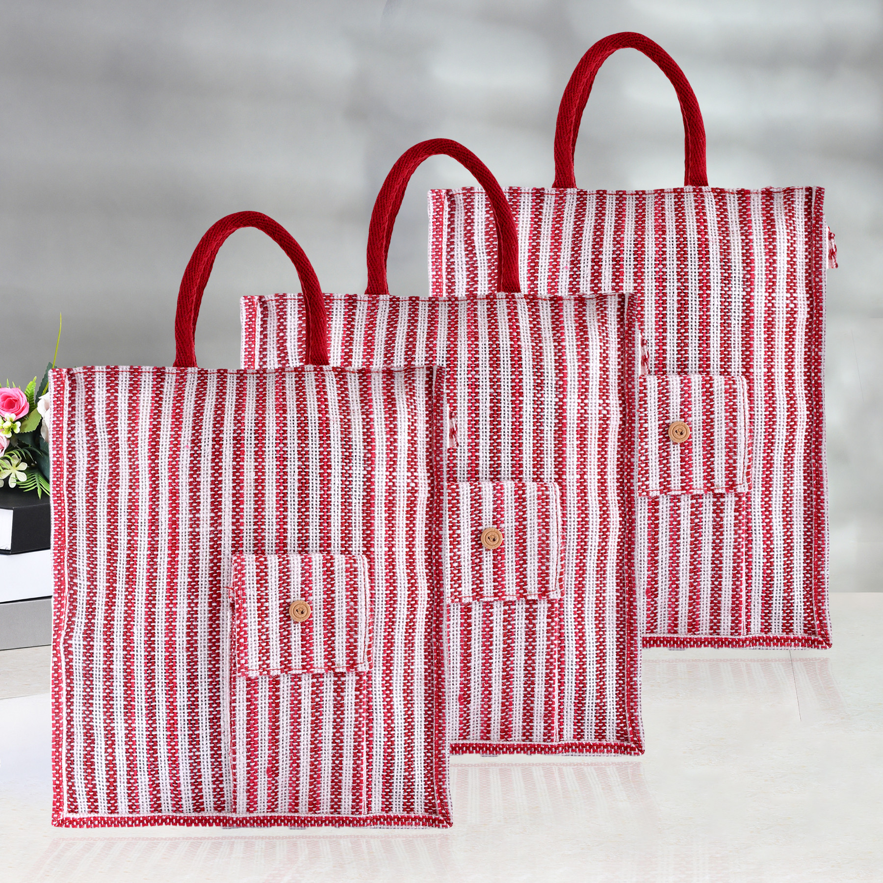 Kuber Industries Shopping Bag | Jute Carry Bag | Zipper Grocery Bag with Handle | Reusable Shopping Bag | Carrying Bag With Front Pocket | Lining-Grocery Bag | Medium | Red