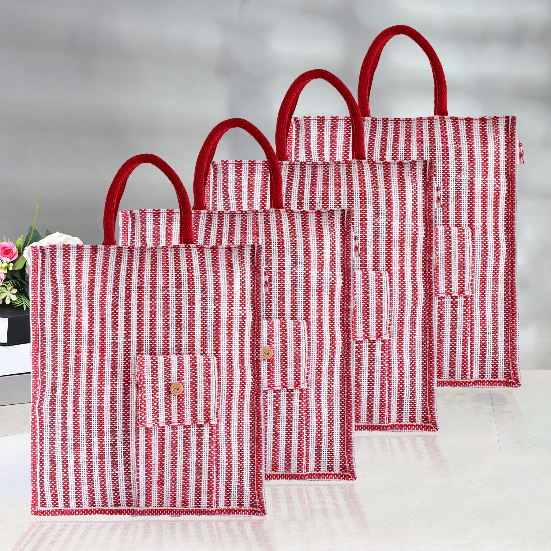 Kuber Industries Shopping Bag | Jute Carry Bag | Zipper Grocery Bag with Handle | Reusable Shopping Bag | Carrying Bag With Front Pocket | Lining-Grocery Bag | Medium | Red