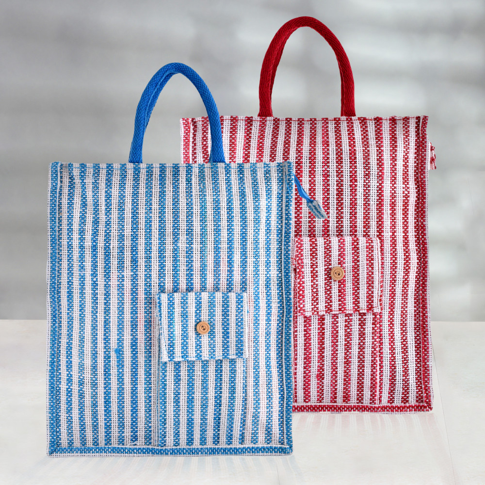 Kuber Industries Shopping Bag | Jute Carry Bag | Zipper Grocery Bag with Handle | Reusable Shopping Bag | Carrying Bag With Front Pocket | Lining-Grocery Bag | Medium | Multi