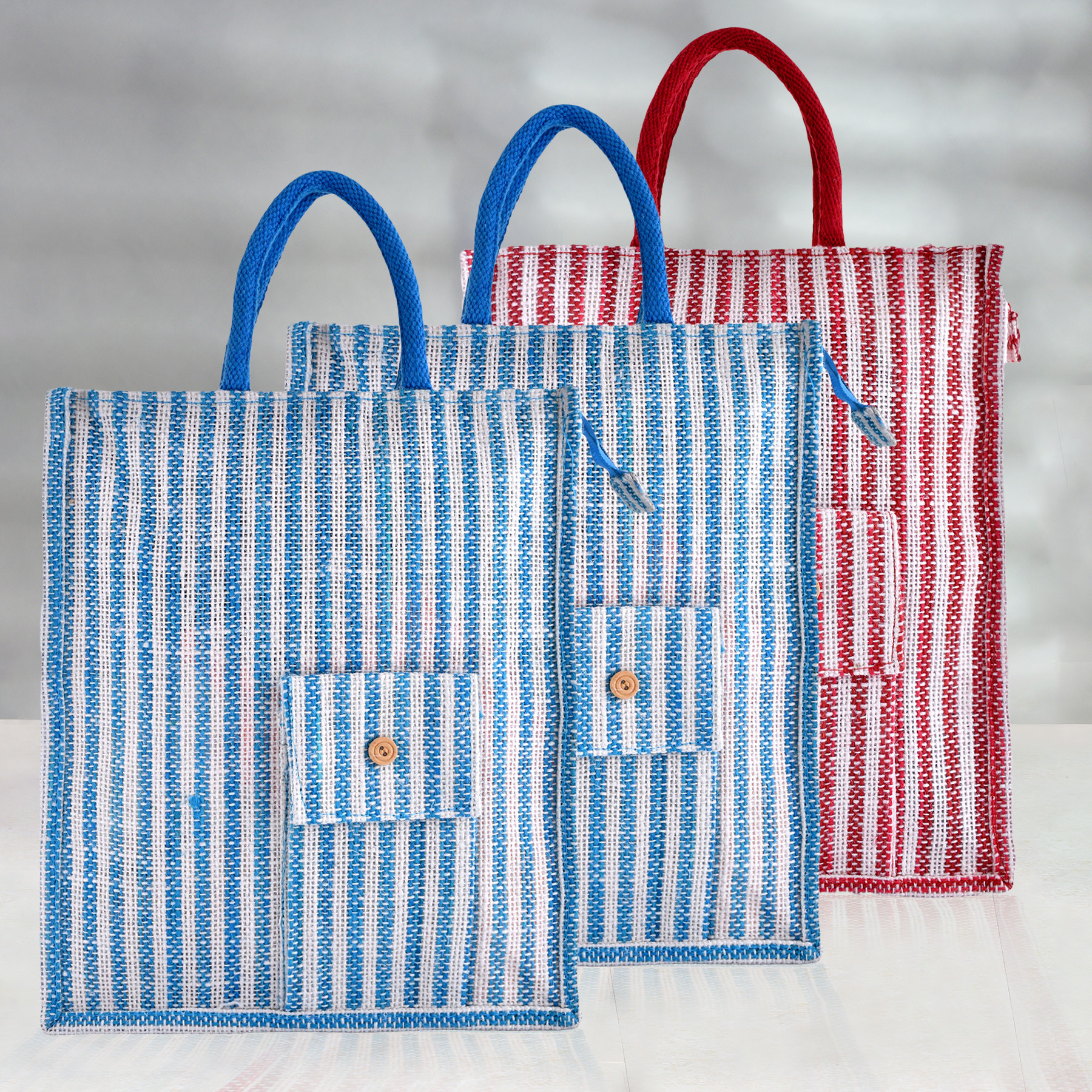 Kuber Industries Shopping Bag | Jute Carry Bag | Zipper Grocery Bag with Handle | Reusable Shopping Bag | Carrying Bag With Front Pocket | Lining-Grocery Bag | Medium | Pack of 3 | Multi