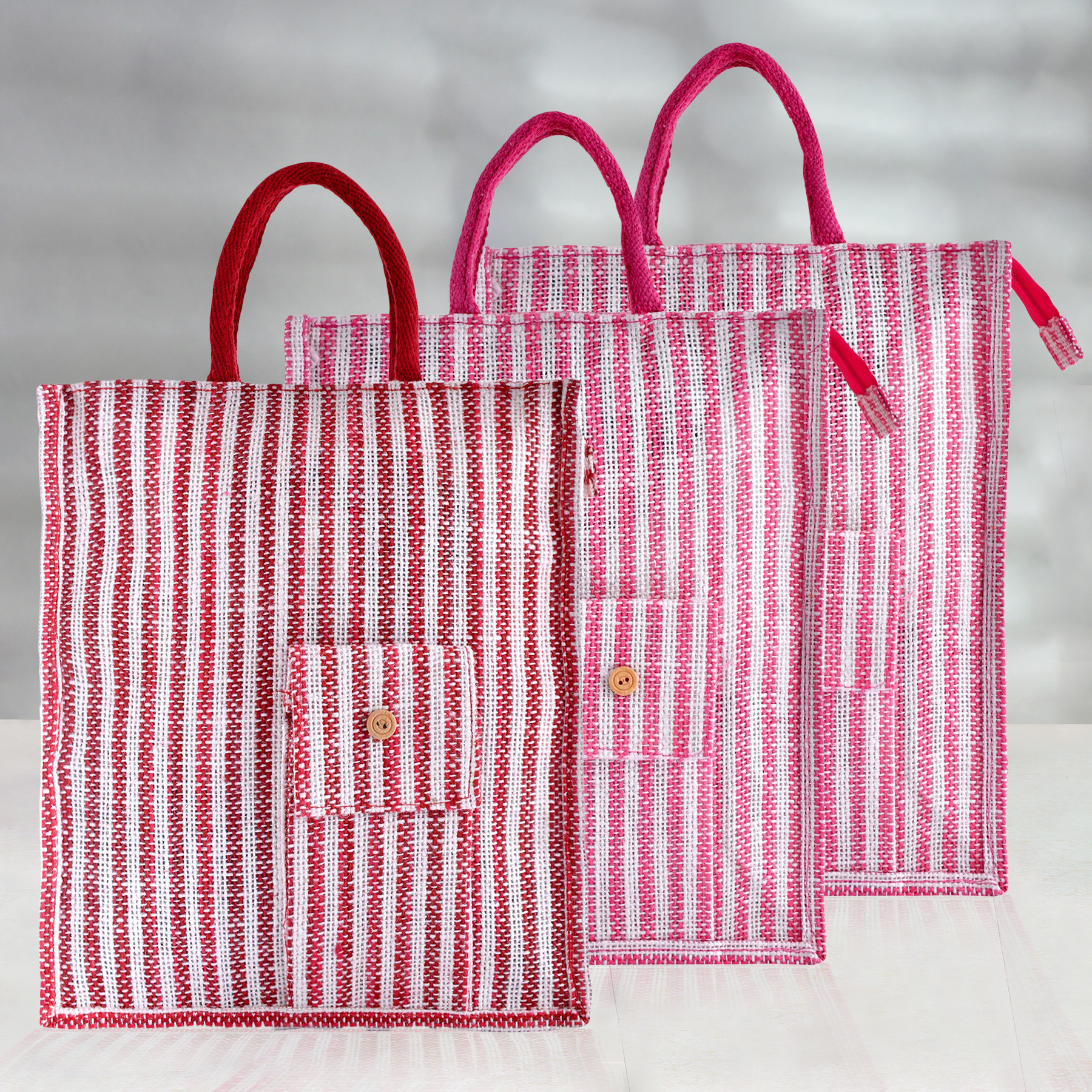 Kuber Industries Shopping Bag | Jute Carry Bag | Zipper Grocery Bag with Handle | Reusable Shopping Bag | Carrying Bag With Front Pocket | Lining-Grocery Bag | Medium | Pack of 3 | Multi