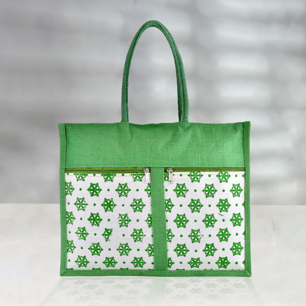 Kuber Industries Shopping Bag | Jute Carry Bag | Zipper Grocery Bag with Handle | Reusable Shopping Bag | Front Double Pocket Vegetable Bag | Flower-Grocery Bag | Large | Green