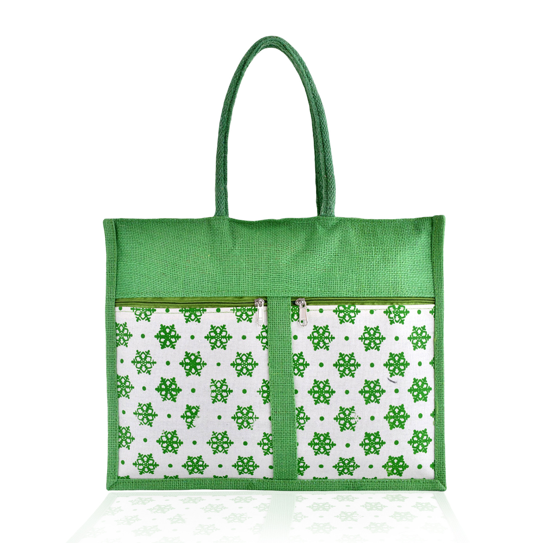 Kuber Industries Shopping Bag | Jute Carry Bag | Zipper Grocery Bag with Handle | Reusable Shopping Bag | Front Double Pocket Vegetable Bag | Flower-Grocery Bag | Large | Green