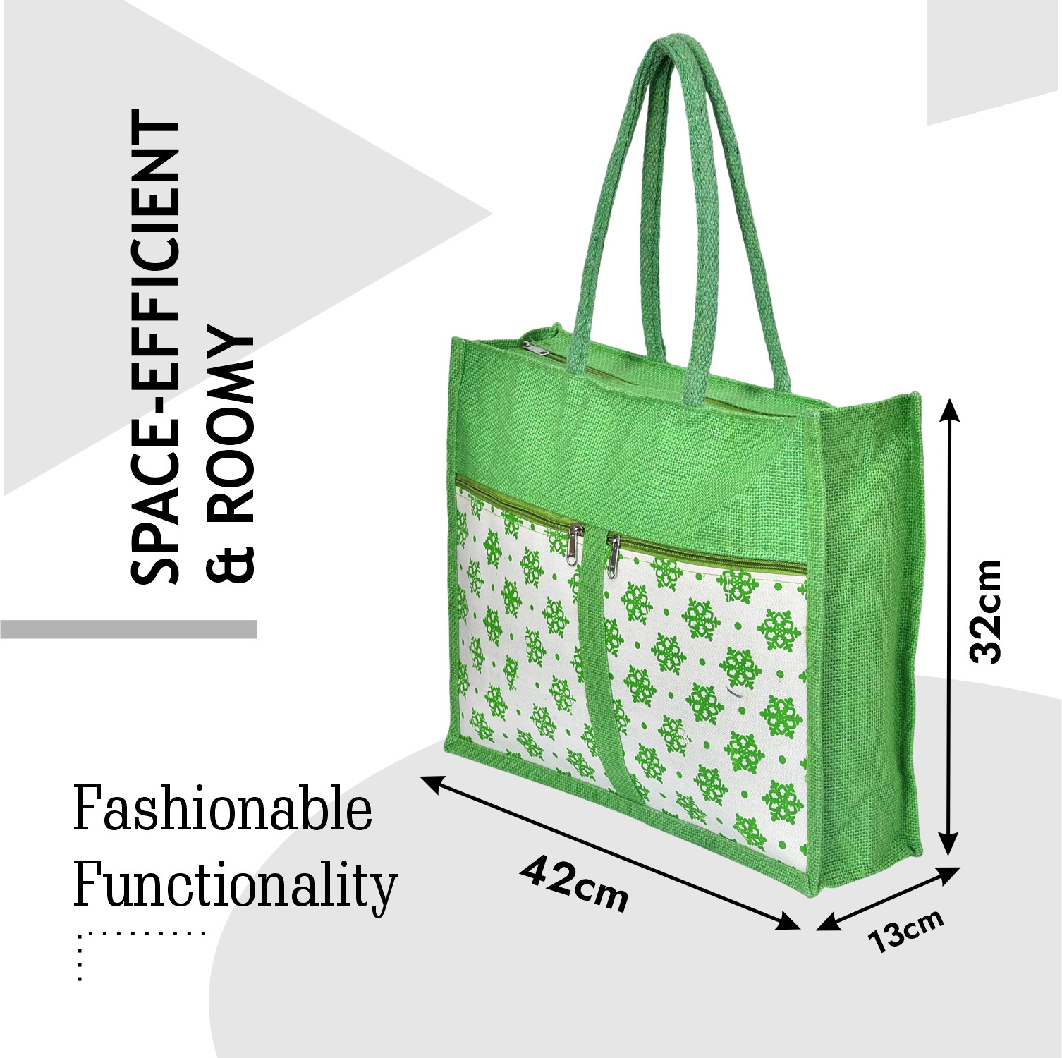 Kuber Industries Shopping Bag | Jute Carry Bag | Zipper Grocery Bag with Handle | Reusable Shopping Bag | Front Double Pocket Vegetable Bag | Flower-Grocery Bag | Large | Green