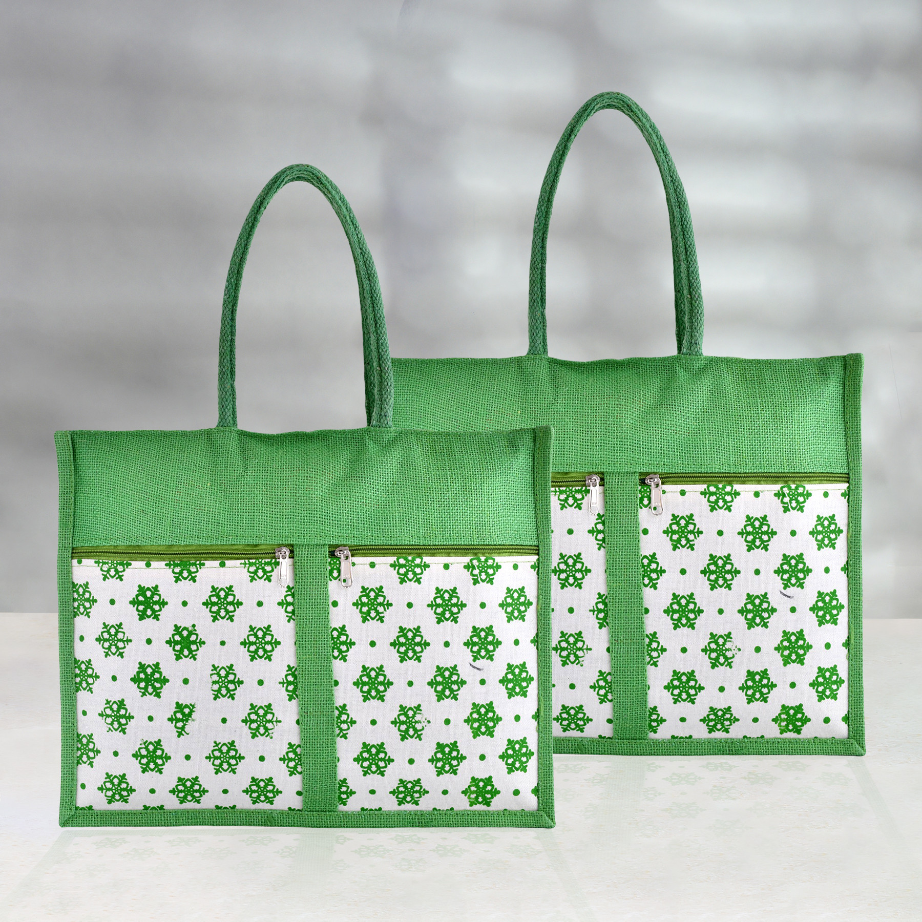 Kuber Industries Shopping Bag | Jute Carry Bag | Zipper Grocery Bag with Handle | Reusable Shopping Bag | Front Double Pocket Vegetable Bag | Flower-Grocery Bag | Large | Green