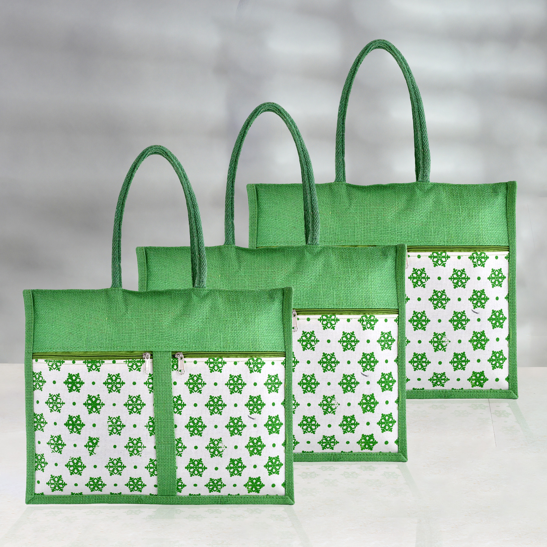 Kuber Industries Shopping Bag | Jute Carry Bag | Zipper Grocery Bag with Handle | Reusable Shopping Bag | Front Double Pocket Vegetable Bag | Flower-Grocery Bag | Large | Green