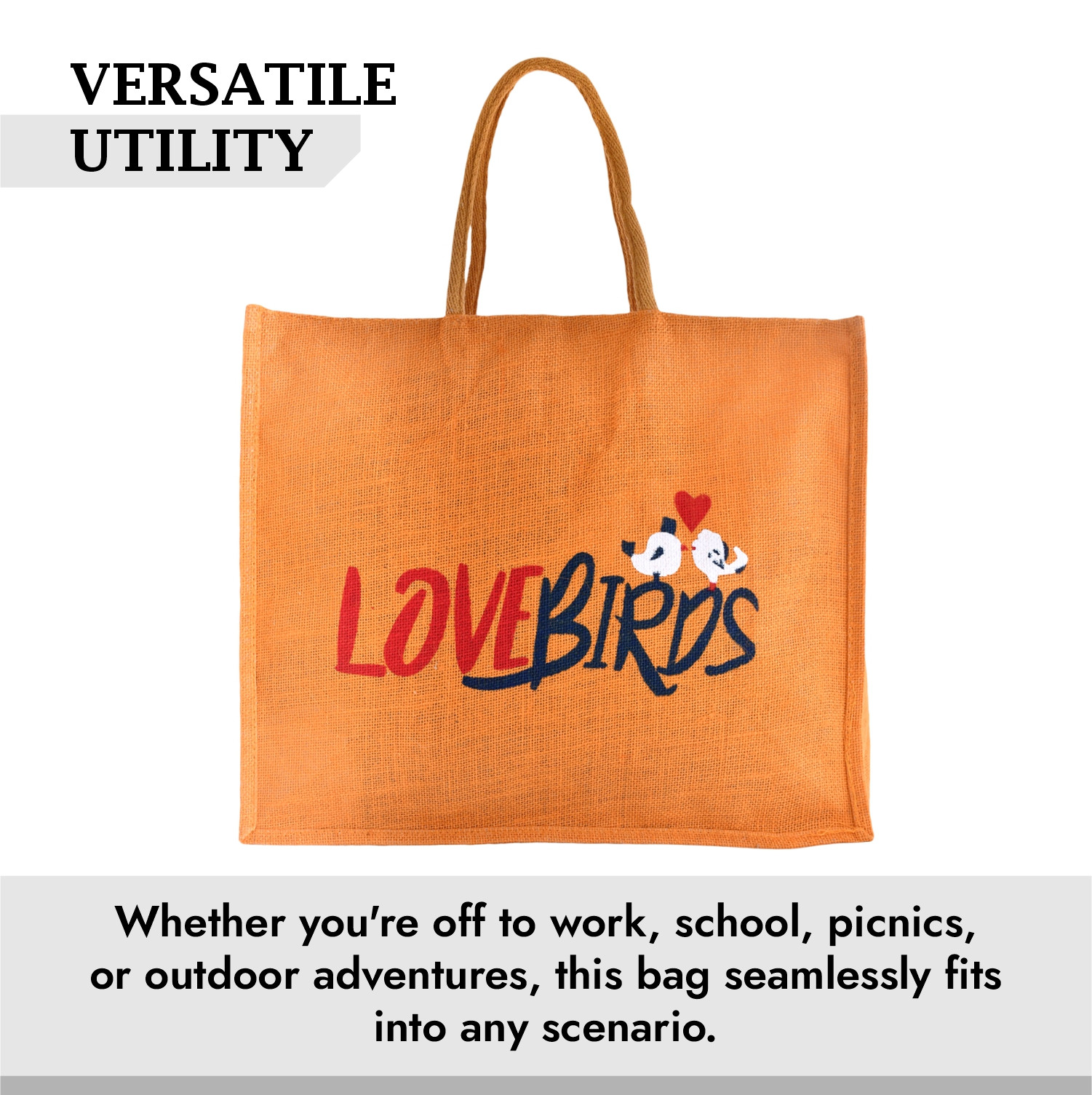 Kuber Industries Shopping Bag | Jute Carry Bag | Zipper Grocery Bag with Handle | Reusable Shopping Bag | Vegetable Storage Bag | Love Birds Grocery Bag | Large | Orange