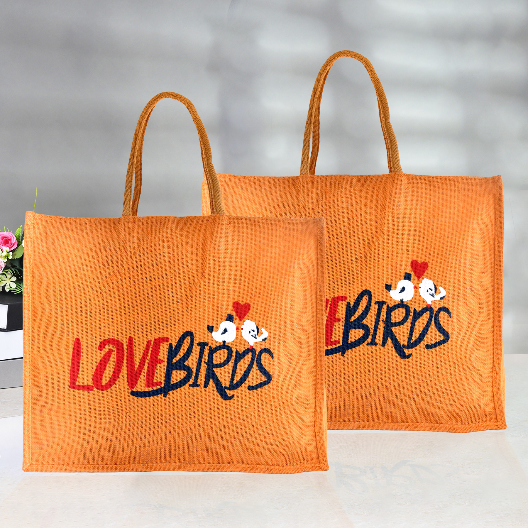 Kuber Industries Shopping Bag | Jute Carry Bag | Zipper Grocery Bag with Handle | Reusable Shopping Bag | Vegetable Storage Bag | Love Birds Grocery Bag | Large | Orange