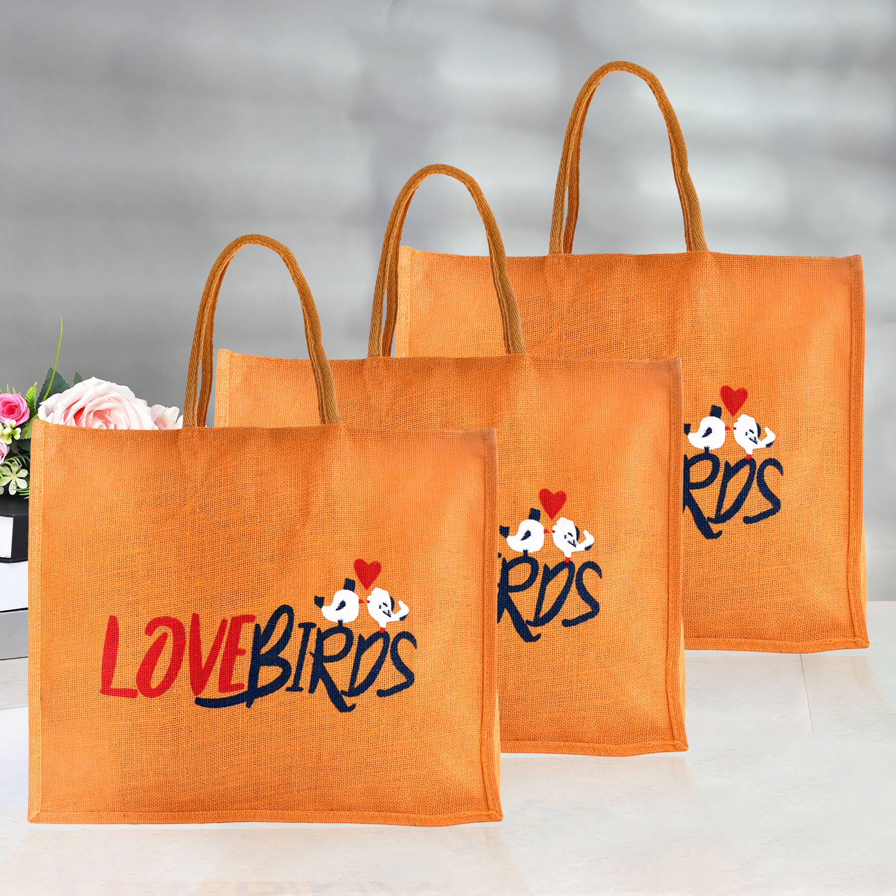 Kuber Industries Shopping Bag | Jute Carry Bag | Zipper Grocery Bag with Handle | Reusable Shopping Bag | Vegetable Storage Bag | Love Birds Grocery Bag | Large | Orange