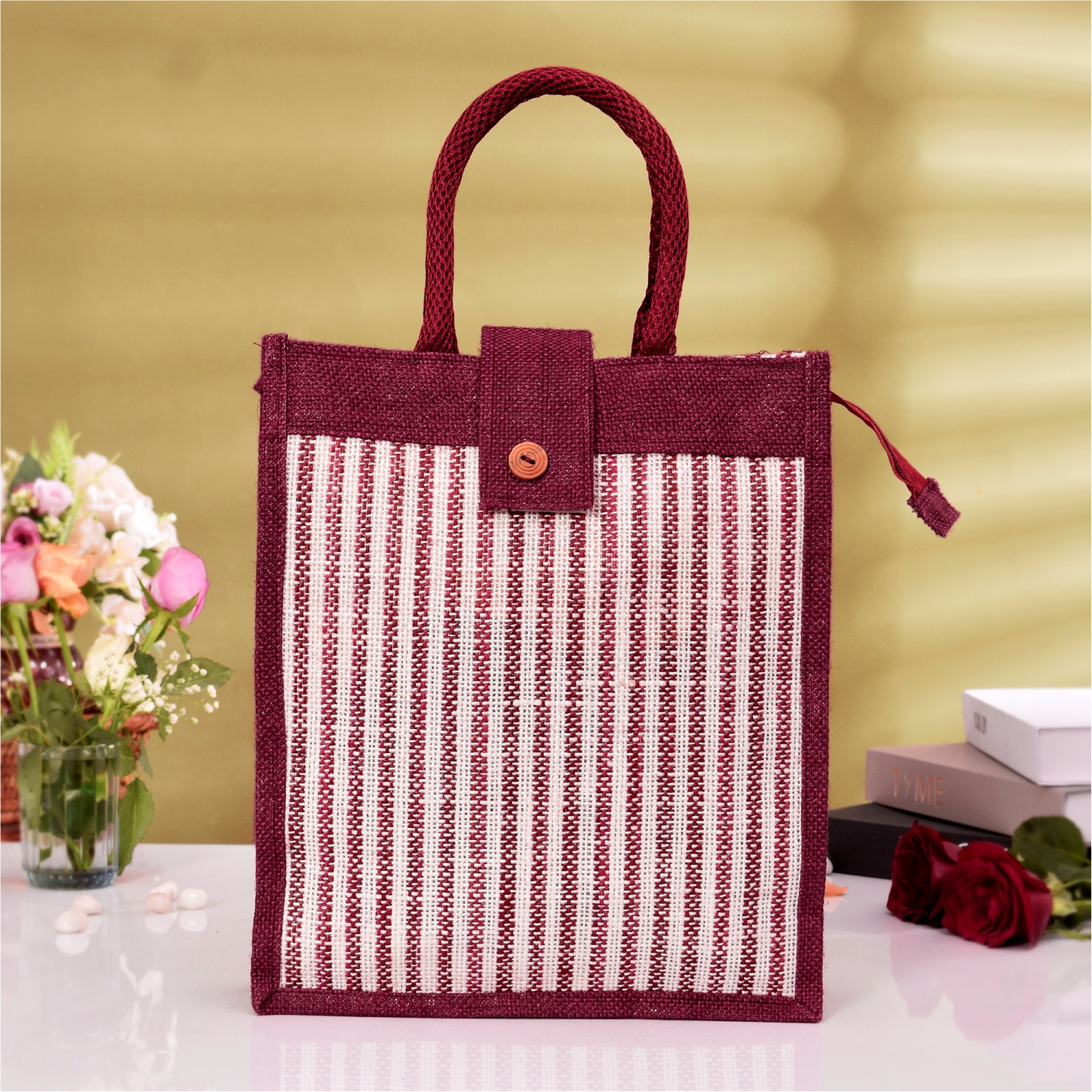 Kuber Industries Shopping Bag  Jute Carry Bag  Zipper Grocery Bag with Handle  Vegetable Bag with Top Flap  Reusable Shopping Bag  Lining-Grocery Bag  Medium  Maroon