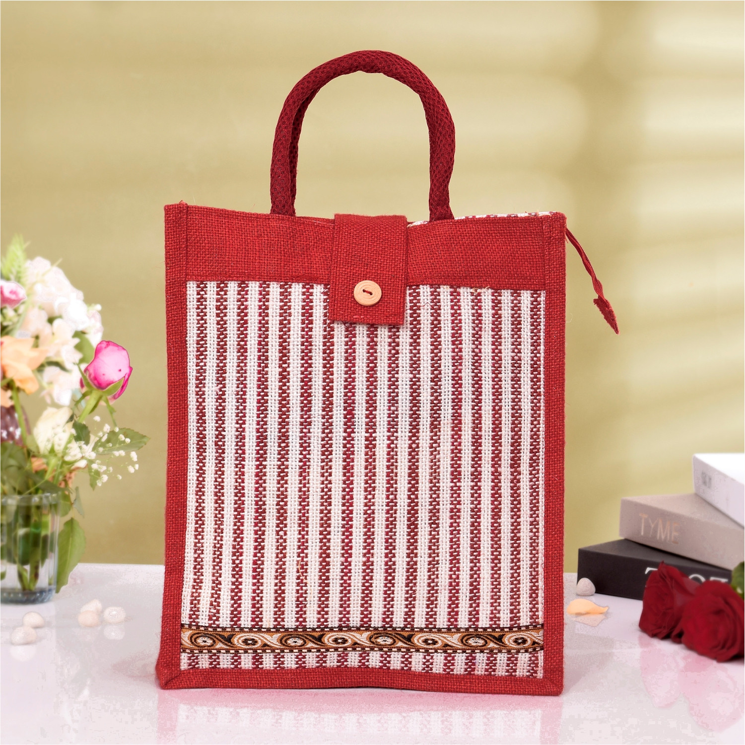 Kuber Industries Shopping Bag  Jute Carry Bag  Zipper Grocery Bag with Handle  Vegetable Bag with Top Flap  Reusable Shopping Bag  Lining-Grocery Bag  Medium  Red