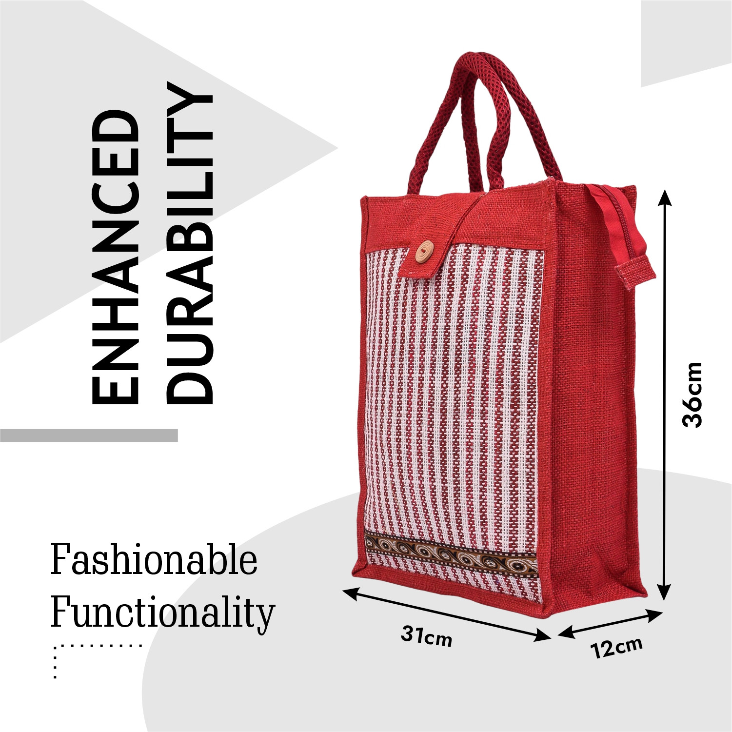 Kuber Industries Shopping Bag | Jute Carry Bag | Zipper Grocery Bag with Handle | Vegetable Bag with Top Flap | Reusable Shopping Bag | Lining-Grocery Bag | Medium | Red
