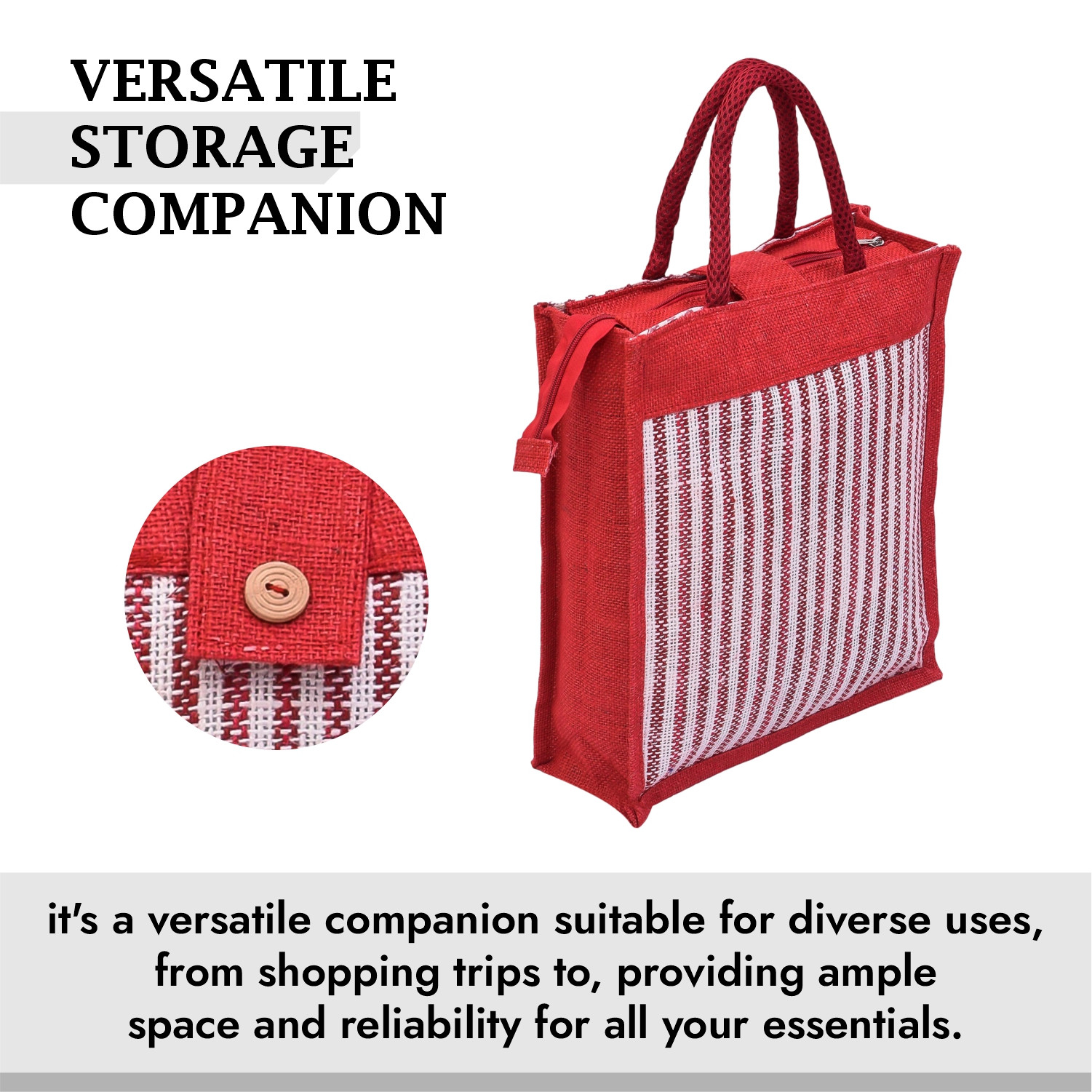 Kuber Industries Shopping Bag | Jute Carry Bag | Zipper Grocery Bag with Handle | Vegetable Bag with Top Flap | Reusable Shopping Bag | Lining-Grocery Bag | Medium | Red