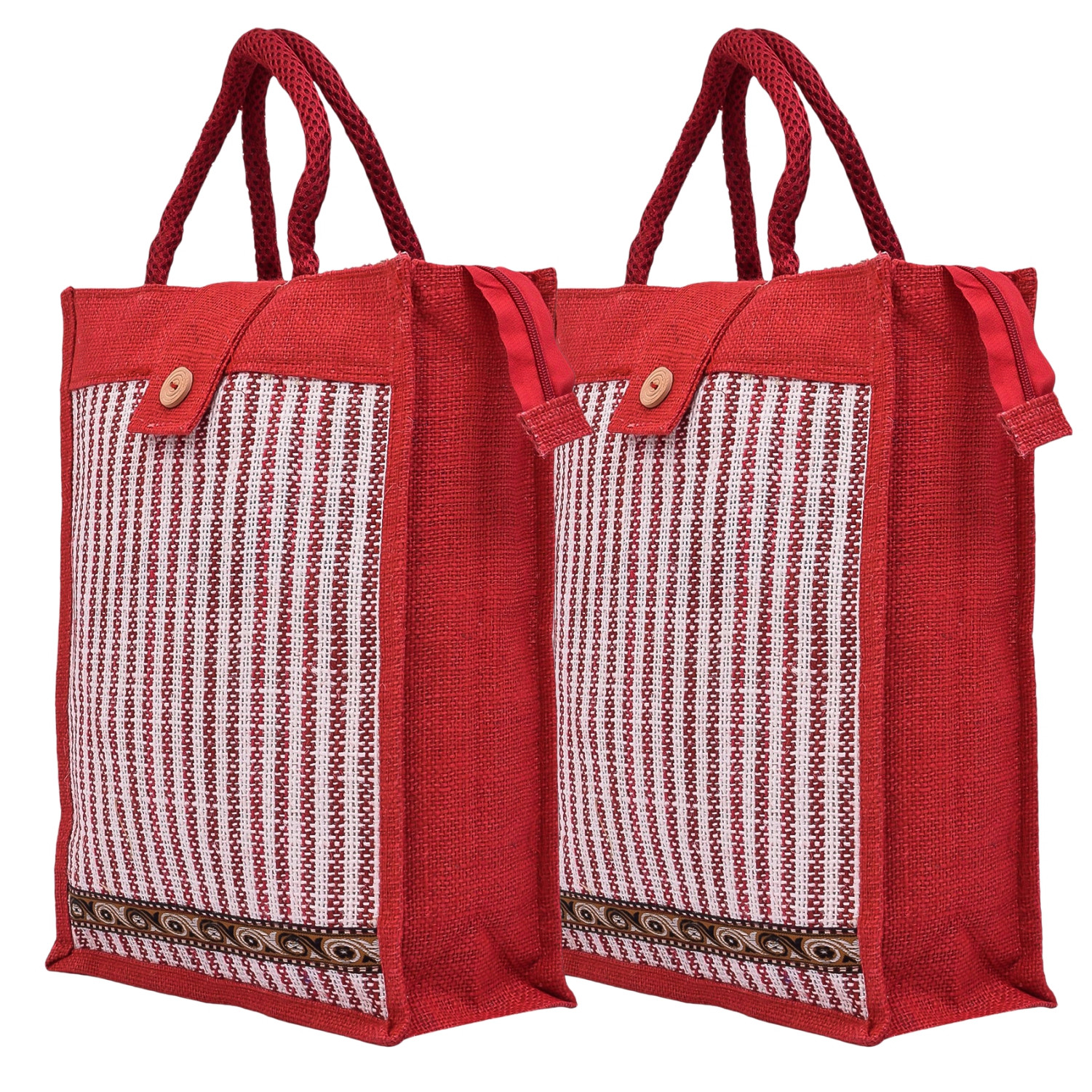 Kuber Industries Shopping Bag | Jute Carry Bag | Zipper Grocery Bag with Handle | Vegetable Bag with Top Flap | Reusable Shopping Bag | Lining-Grocery Bag | Medium | Red
