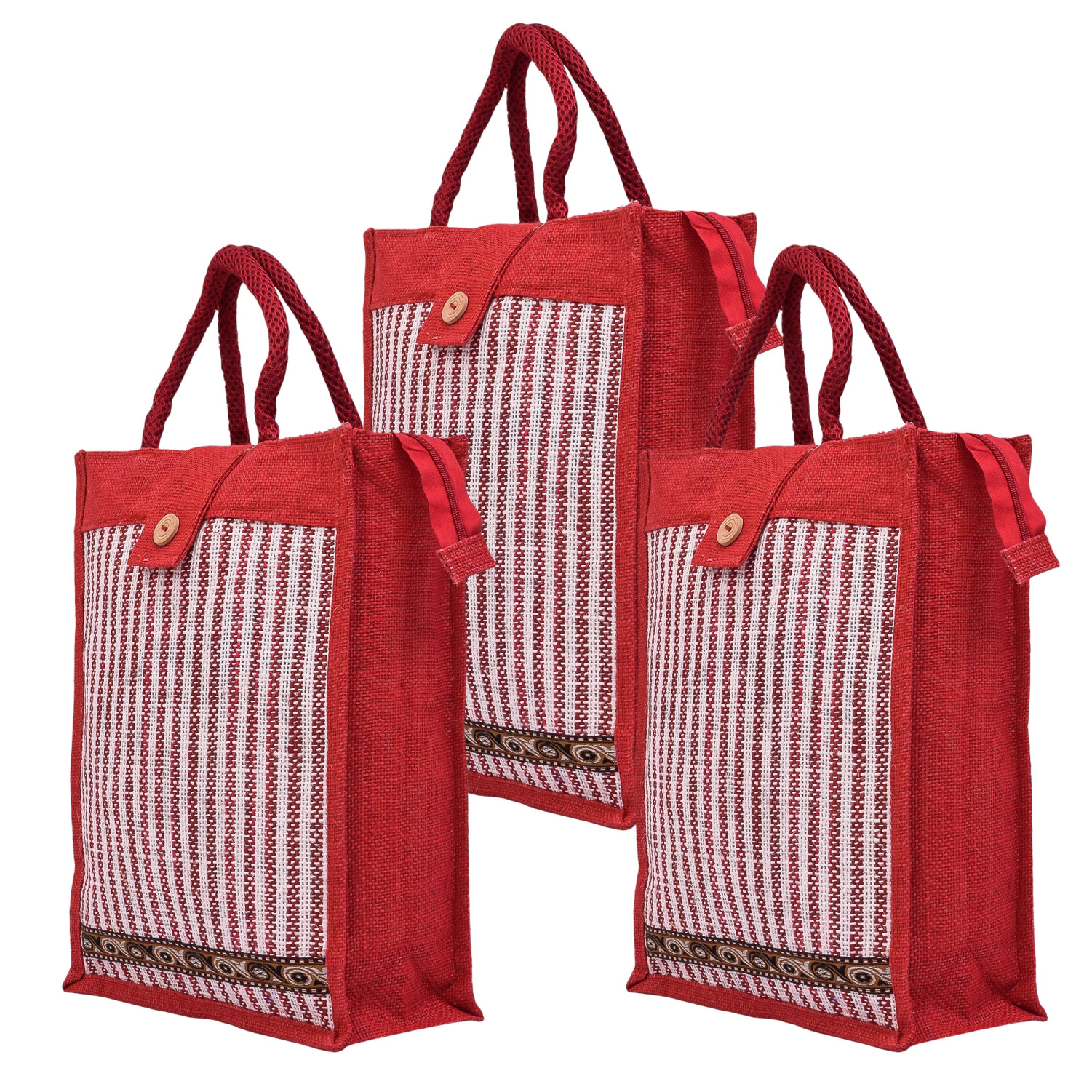 Kuber Industries Shopping Bag | Jute Carry Bag | Zipper Grocery Bag with Handle | Vegetable Bag with Top Flap | Reusable Shopping Bag | Lining-Grocery Bag | Medium | Red