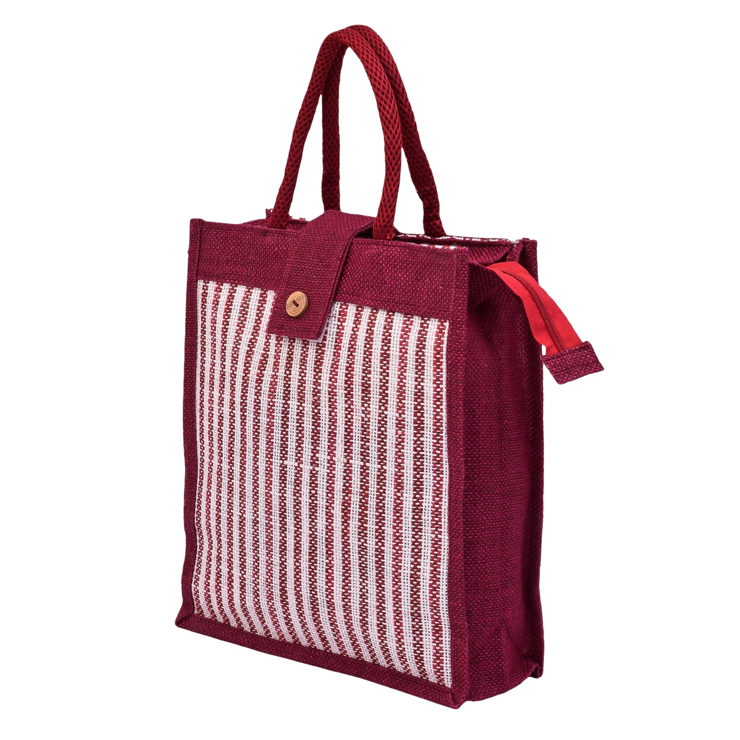 Kuber Industries Shopping Bag | Jute Carry Bag | Zipper Grocery Bag with Handle | Vegetable Bag with Top Flap | Reusable Shopping Bag | Lining-Grocery Bag | Medium | Maroon