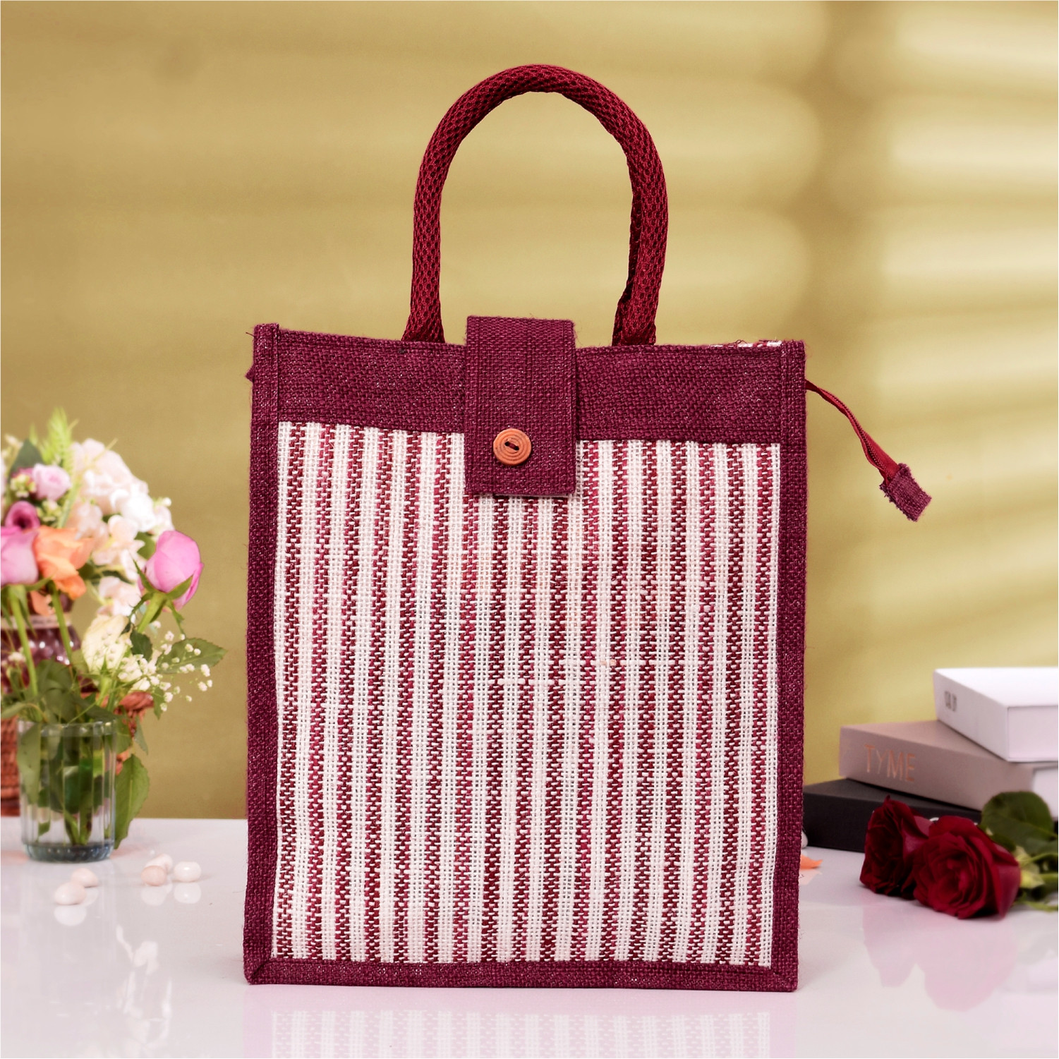 Kuber Industries Shopping Bag | Jute Carry Bag | Zipper Grocery Bag with Handle | Vegetable Bag with Top Flap | Reusable Shopping Bag | Lining-Grocery Bag | Medium | Maroon