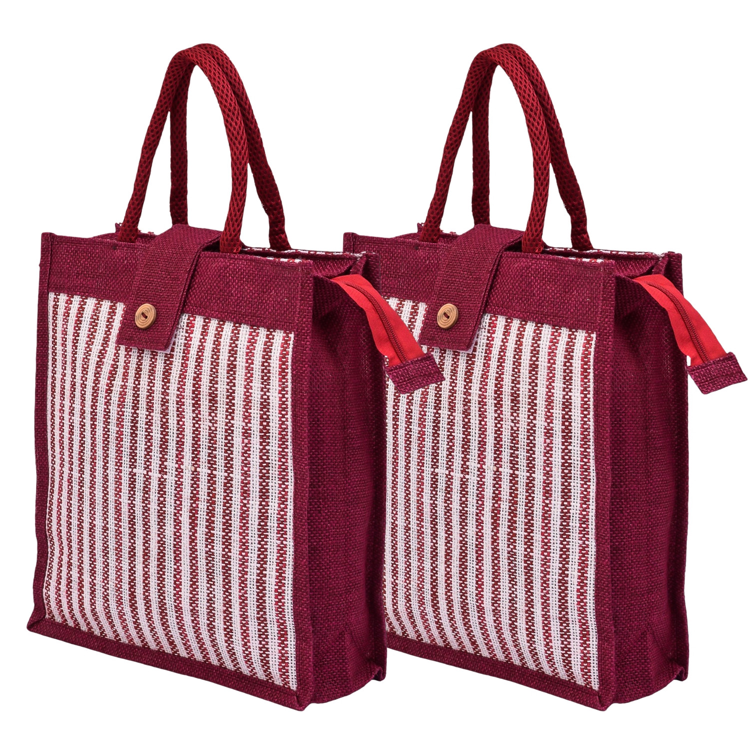 Kuber Industries Shopping Bag | Jute Carry Bag | Zipper Grocery Bag with Handle | Vegetable Bag with Top Flap | Reusable Shopping Bag | Lining-Grocery Bag | Medium | Maroon