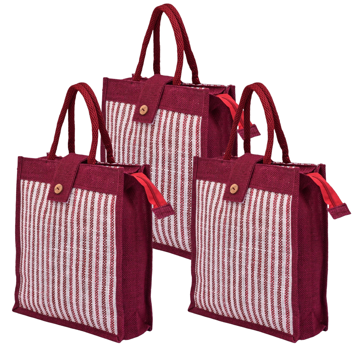 Kuber Industries Shopping Bag | Jute Carry Bag | Zipper Grocery Bag with Handle | Vegetable Bag with Top Flap | Reusable Shopping Bag | Lining-Grocery Bag | Medium | Maroon
