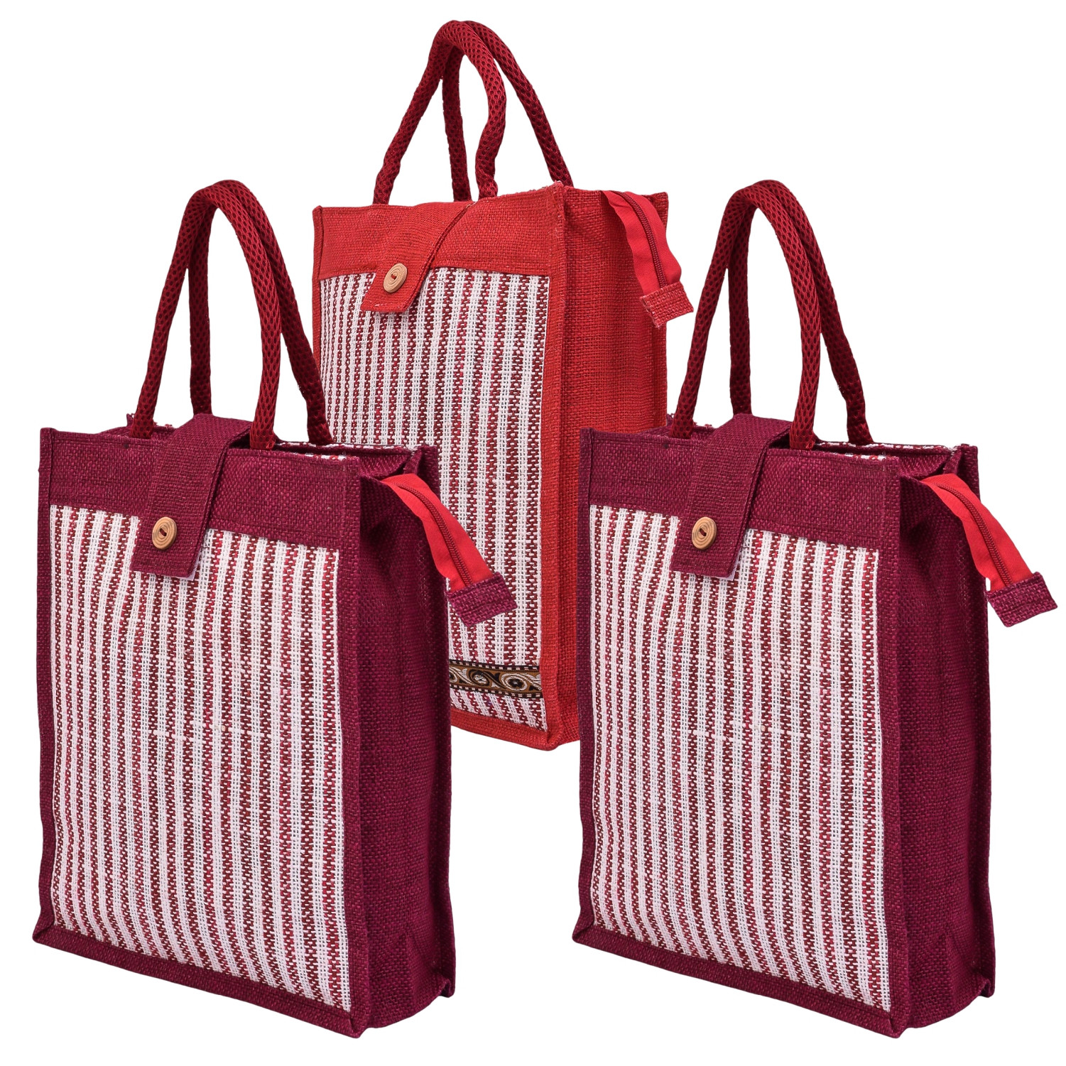 Kuber Industries Shopping Bag | Jute Carry Bag | Zipper Grocery Bag with Handle | Vegetable Bag with Top Flap | Reusable Shopping Bag | Lining-Grocery Bag | Medium | Pack of 3 | Multi
