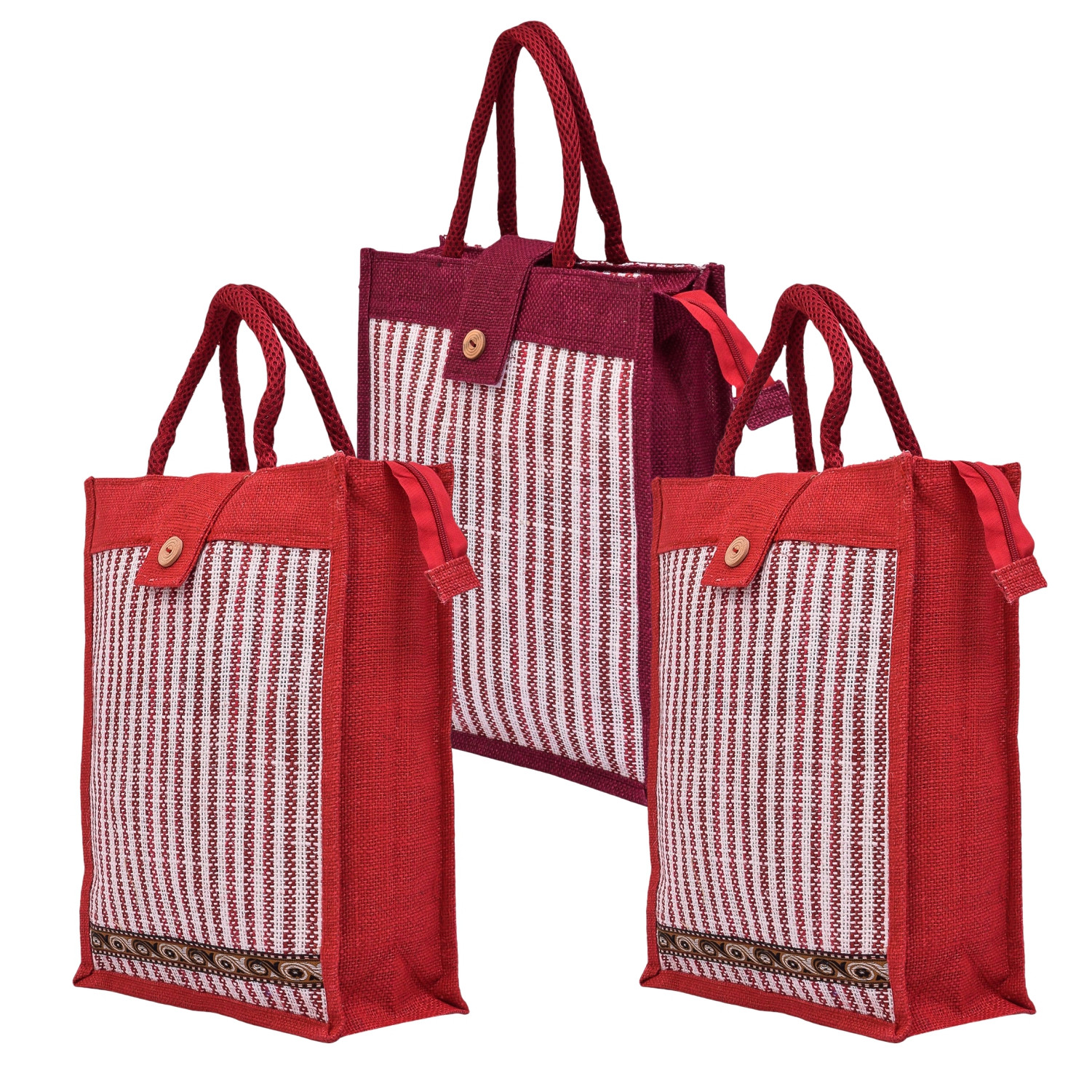 Kuber Industries Shopping Bag | Jute Carry Bag | Zipper Grocery Bag with Handle | Vegetable Bag with Top Flap | Reusable Shopping Bag | Lining-Grocery Bag | Medium | Pack of 3 | Multi